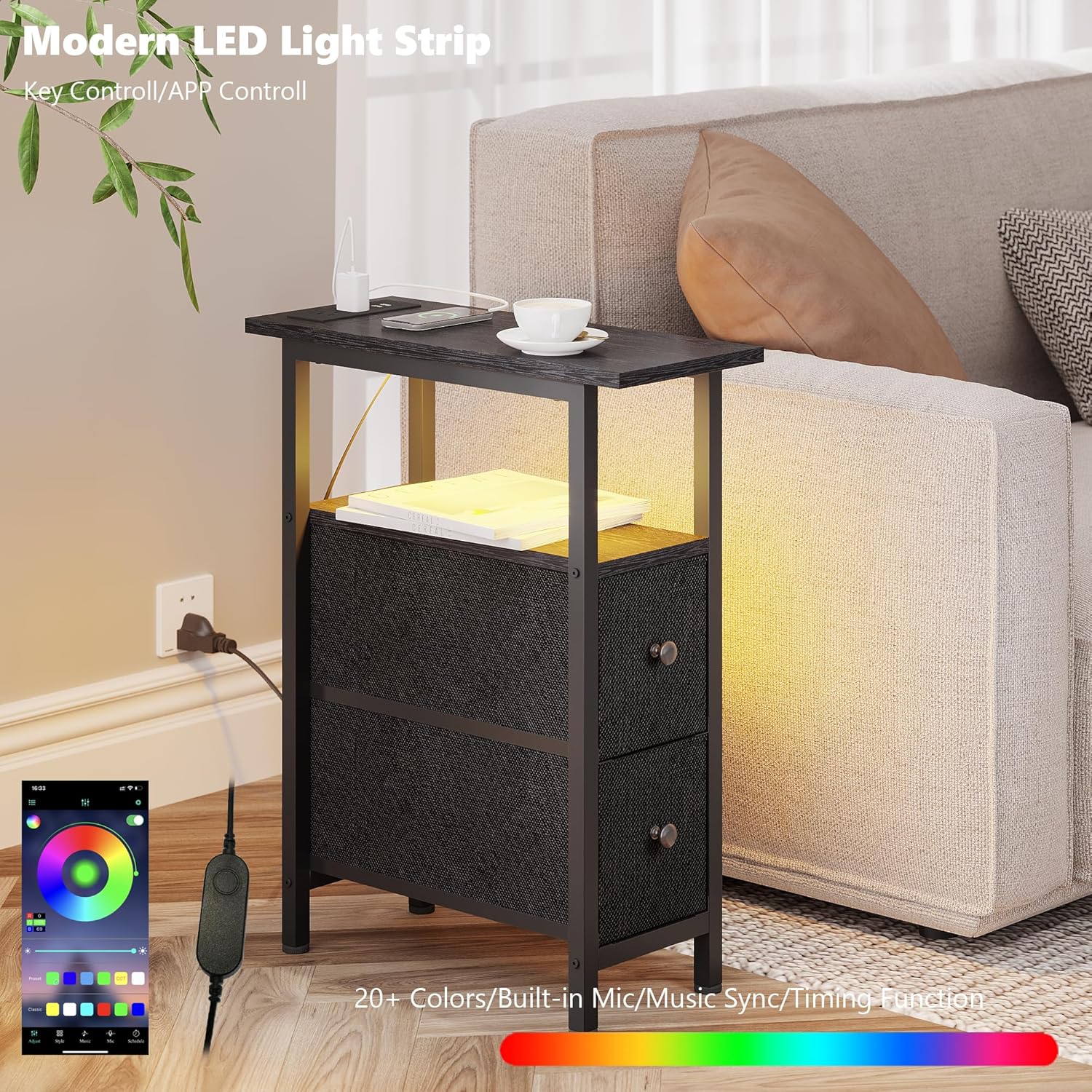 End Table with Charging Station, Narrow Side Table with 2 Fabric Drawers, Skinny Nightstand with LED Light, Slim Bedside Table for Bedroom, Living Room, Small Spaces, Black