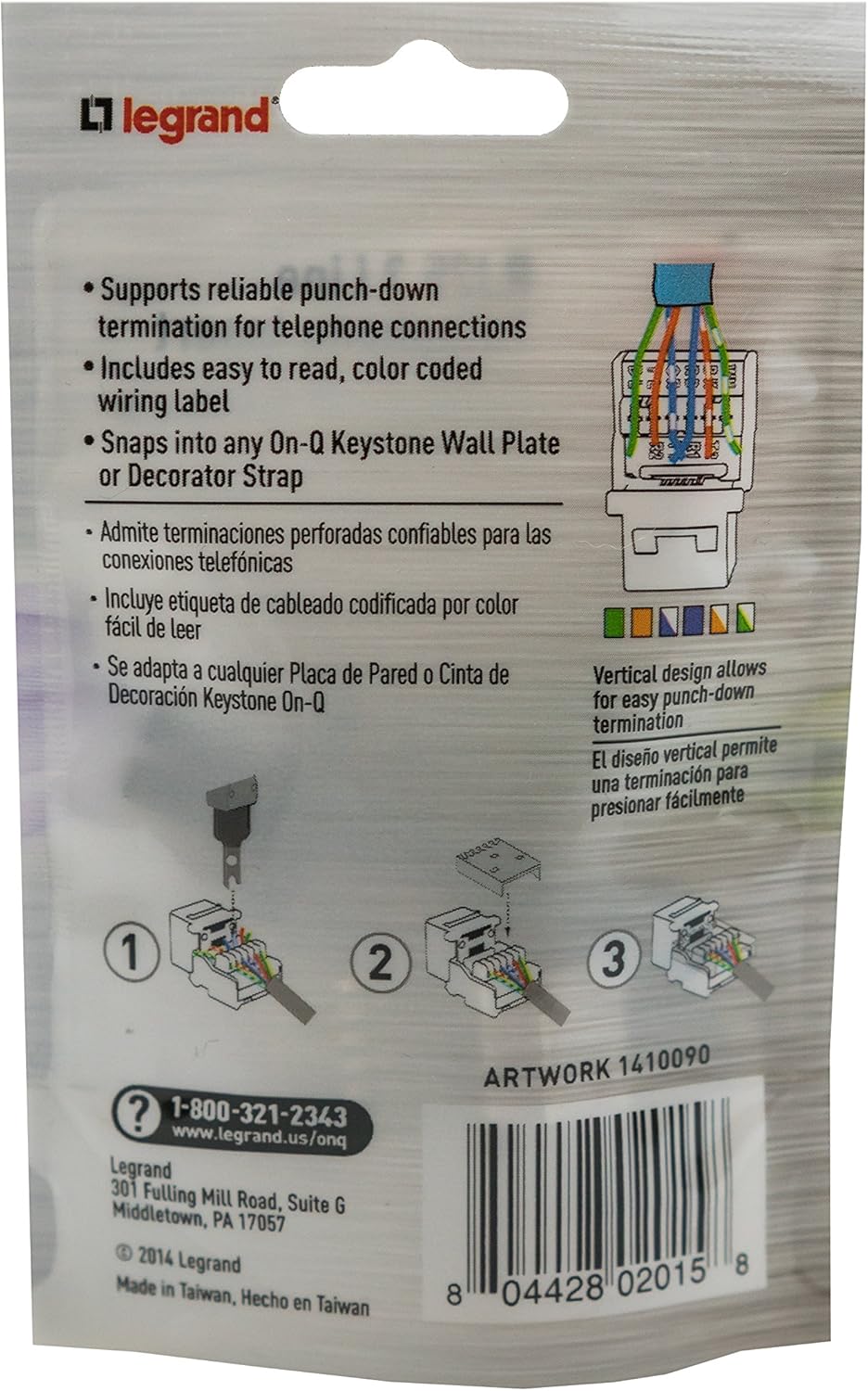 Back of Legrand On-Q RJ25 Telephone Keystone Jack packaging showing wiring diagram and installation steps.