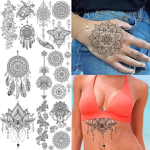 FANRUI - 6 hojas de tatuajes temporales de henna negra para mujer encaje Mehndi mandala de flores tatuajes tinta grande impermeable loto joyerĂa FANRUI - 6 hojas de tatuajes temporales de henna negra para mujer encaje Mehndi mandala de flores tatuajes tinta grande impermeable loto joyerĂa