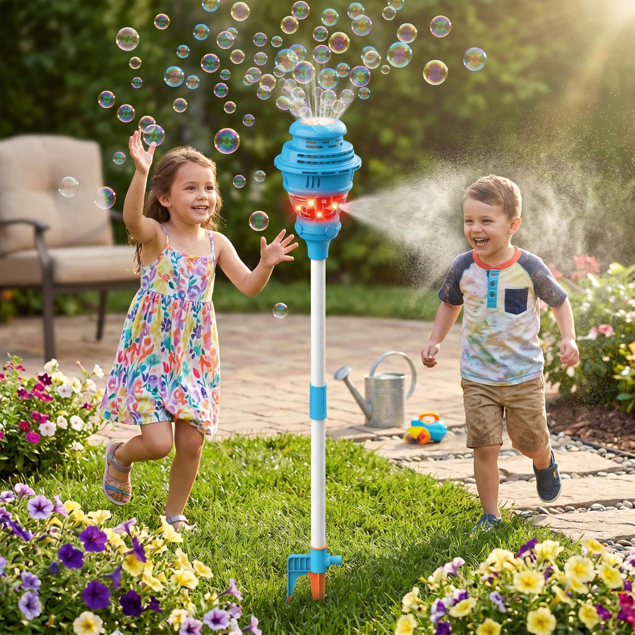 Torre de Burbujas, máquina de Burbujas 2 en 1 y Juguete pulverizador, Soporte para farola con Luces y Sonidos Suaves, Altura Ajustable para niños, Azul, 36, 22-40, 94 Pulgadas
