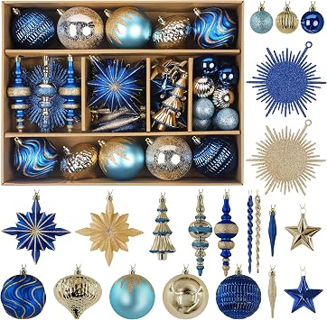 Alupssuc 80pcs Christmas Balls Ornaments Set, Shatterproof Plastic Baubles Christmas Pendant for Xmas Tree, Holiday Wedding Party Decoration with Lanyards Included, Blue and Gold