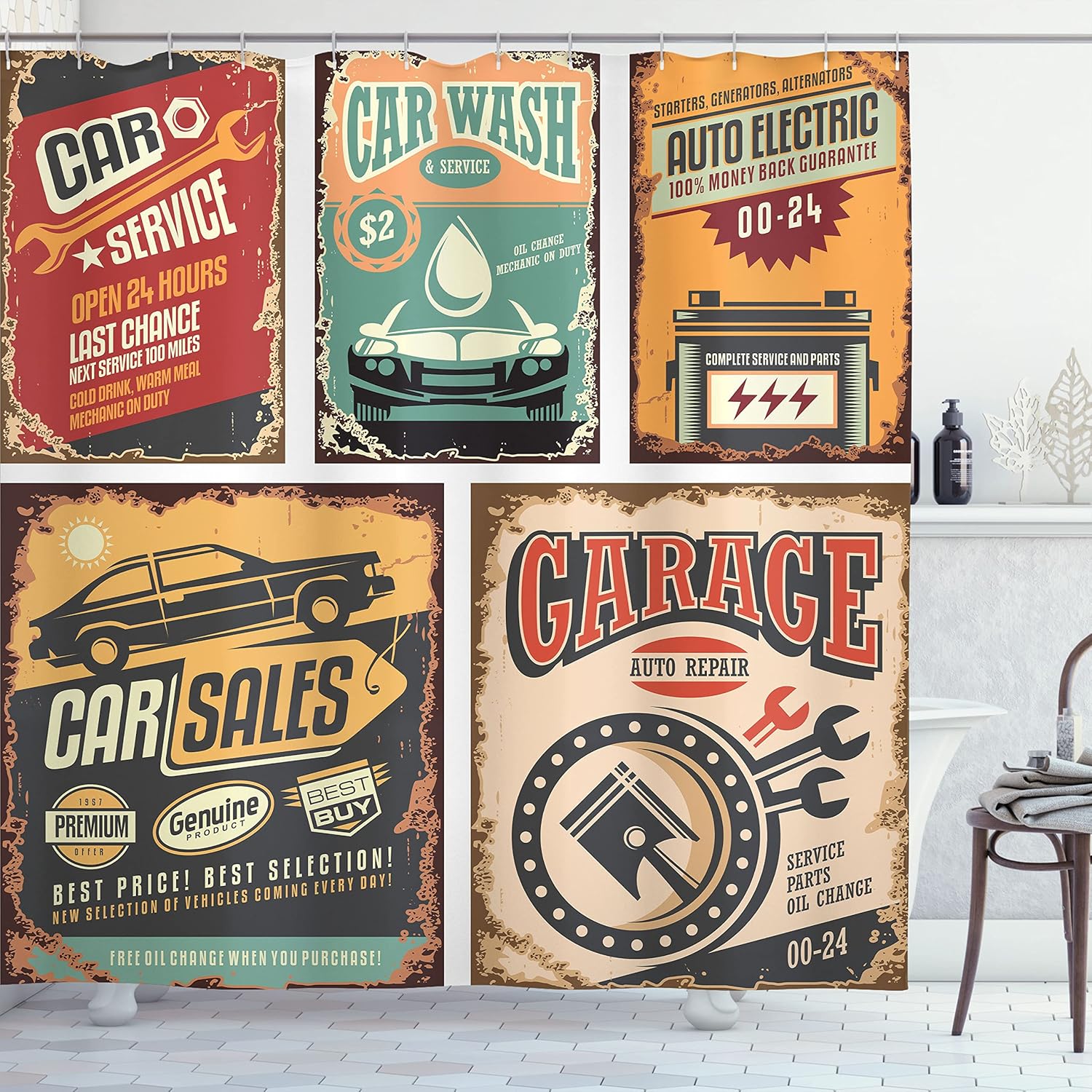 Ambesonne Vintage Shower Curtain, Nostalgic Art Auto Service Garage Funk Style Highway Logo Repair Road Grunge Design, Cloth Fabric Bathroom Decor Set with Hooks, 69" W x 70" L, Multicolor Off White