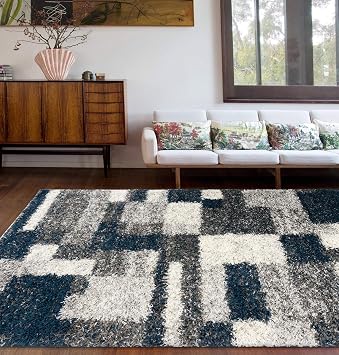 Rugshop Modern Boxes Distressed Shag Plush Soft Area Rug Navy 710" x 10