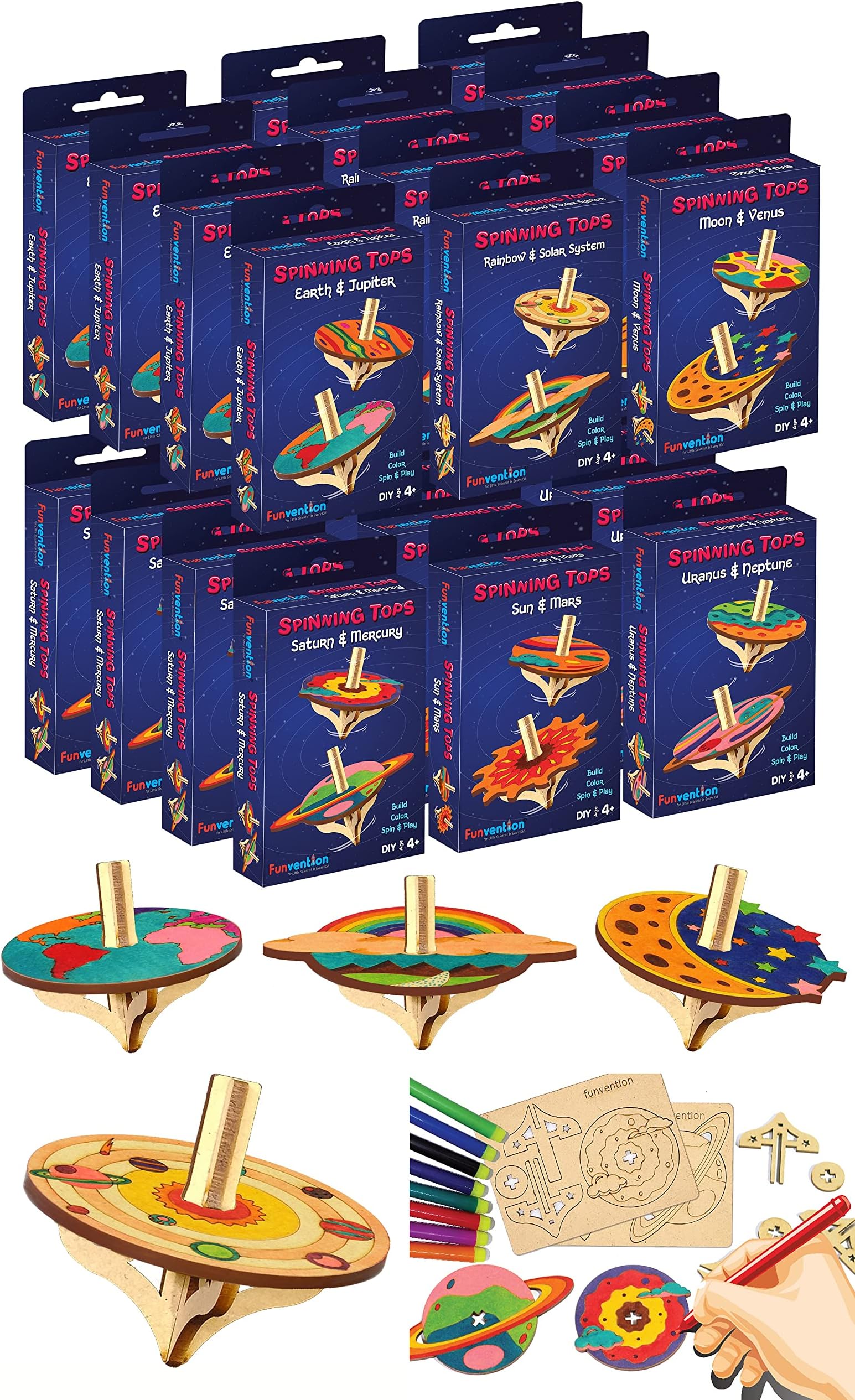 Funvention Birthday Return Gifts (Pack of 24) - DIY Spinning Top Kits (Solar System) Build, Color, Play, Art & Craft Coloring Activity Party Pack Return Favors for Kids (2 Tops & 8 Colors Per Pack)