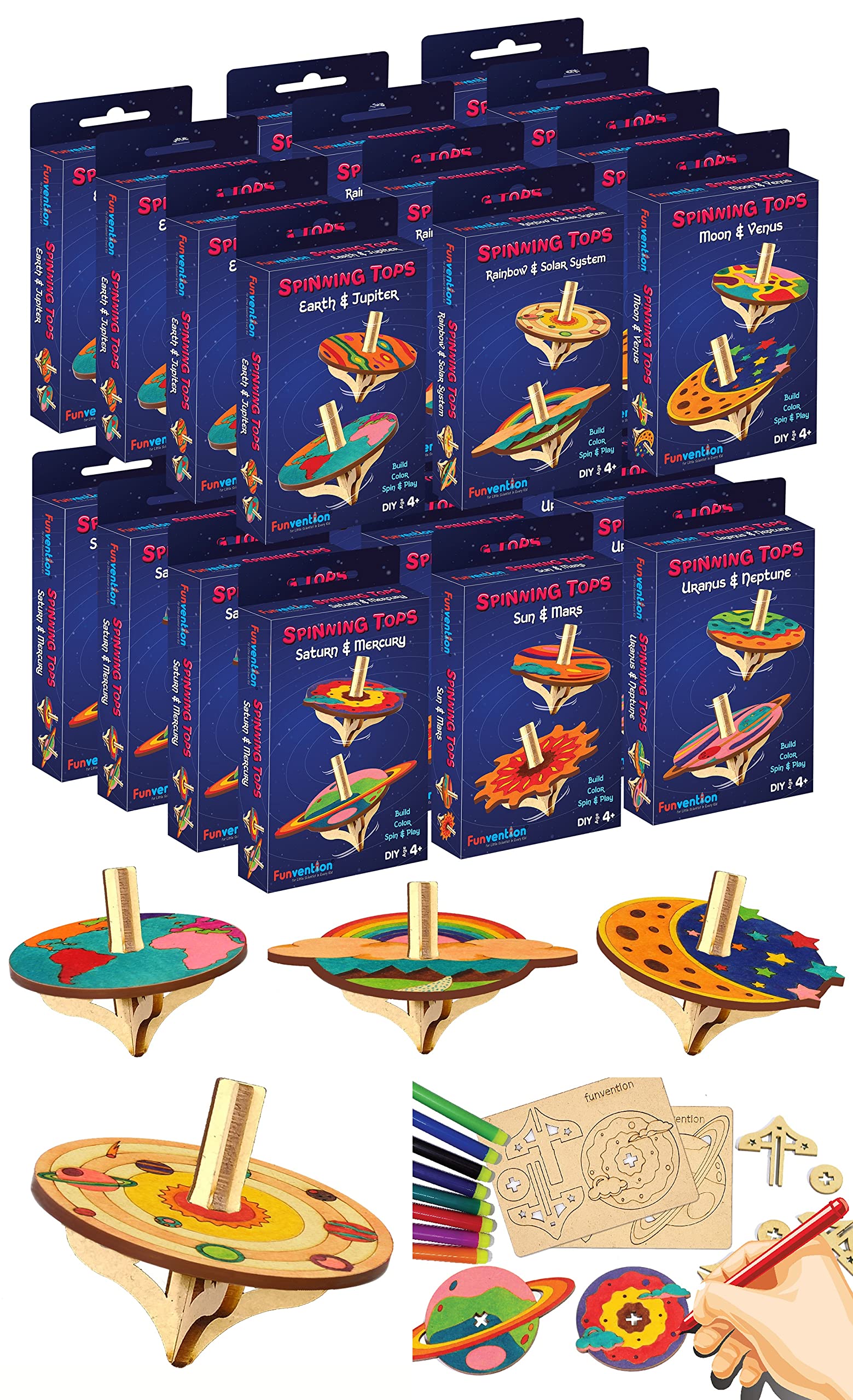 Funvention Birthday Return Gifts (Pack of 24) - DIY Spinning Top Kits (Solar System) Build, Color, Play, Art & Craft Coloring Activity Party Pack Return Favors for Kids (2 Tops & 8 Colors Per Pack)