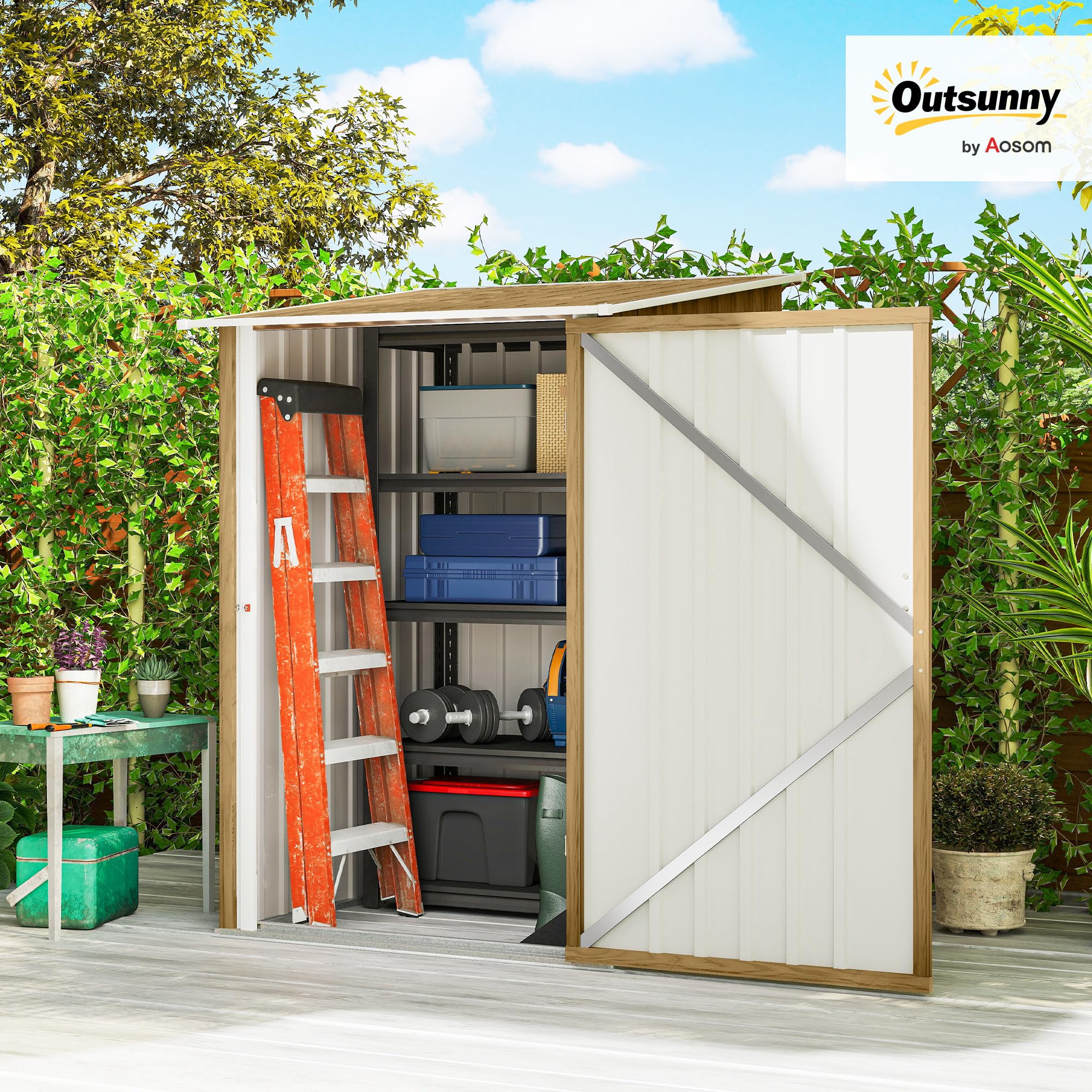 Outsunny Cobertizo de Jardín Exterior, 0,92 m², 100x103x160 cm, Caseta de Jardín Exterior Metálica con 1 Puerta y Cerradura, para Almacenamiento de Herramientas, para Patio, Terraza, Marrón Claro — view 2