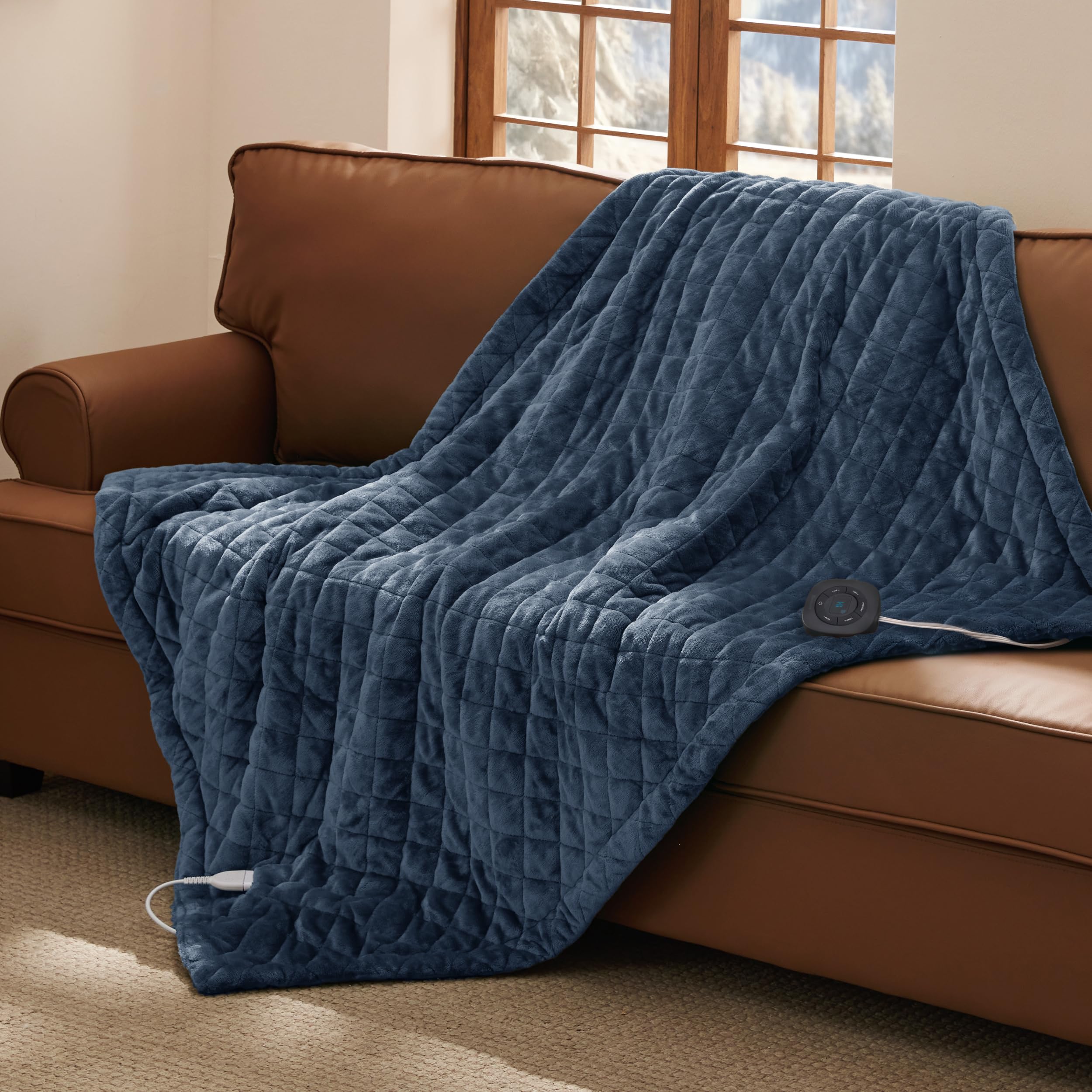 Bedsure Quilted Heated Throw Blanket, Warm Filled Electric Blanket, Blue