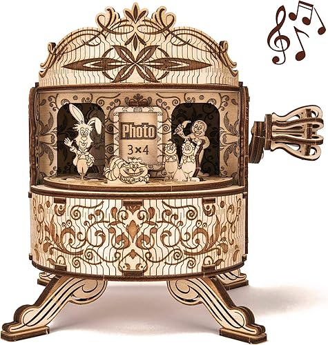 Wood Trick Fairy Theater Happy Birthday - Kit de caja de música de madera con personajes de hadas, manivela, rompecabezas de madera 3D para adultos