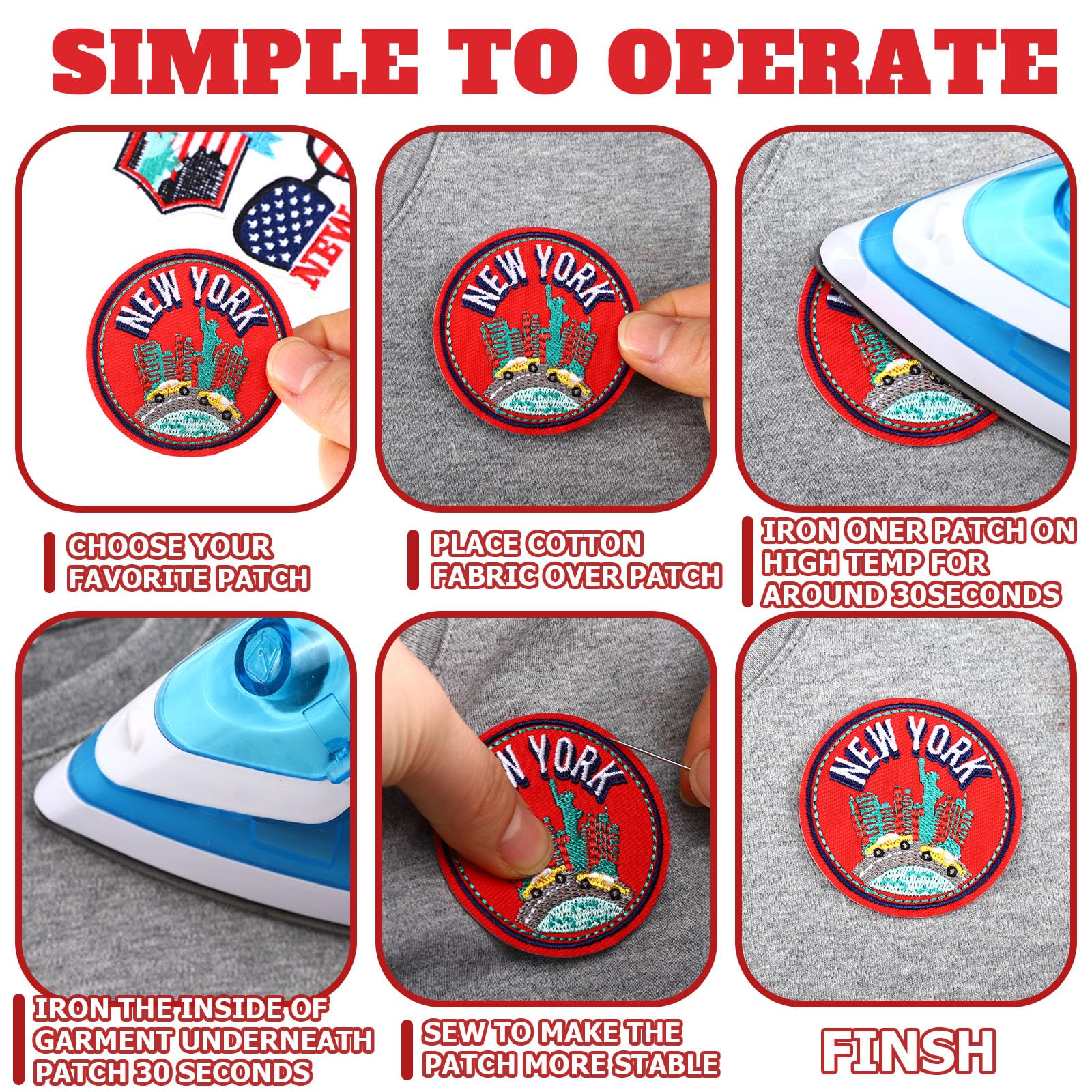 Tigeen 48 parches de chenilla para planchar de la ciudad de Nueva York, parches bordados a granel para sombreros, ropa, apliques para coser, accesorio de bricolaje para mochila, pantalones, jeans