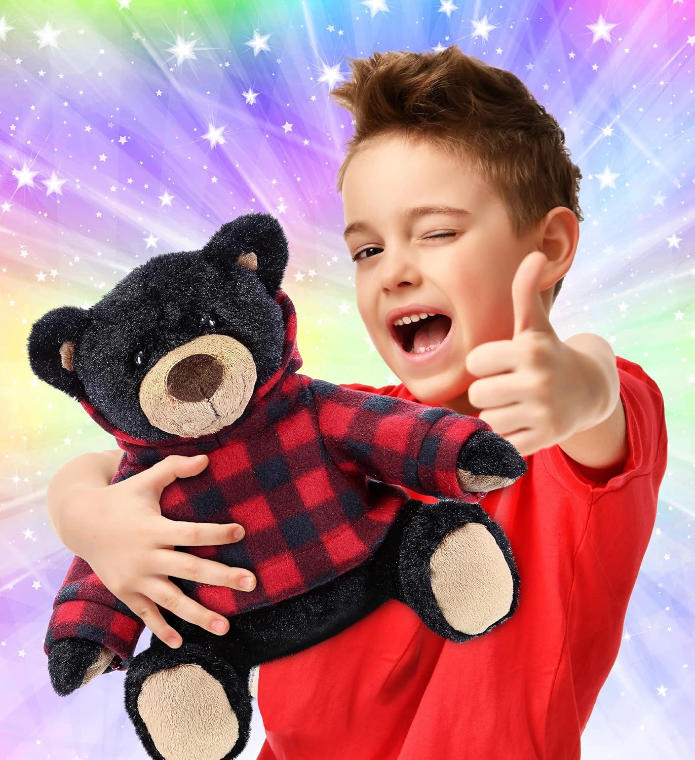 DolliBu Plush Black Bear and Moose with Red Plaid Hoodie - Soft Huggable Adorable Playtime Zoo Plush with Clothes, Cute Wildlife Cuddle Gift for Kids and Adults - Set of 2
