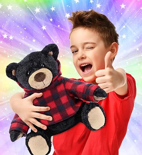 Miniatura 2 de DolliBu Oso negro de peluche y oso marrón con capucha a cuadros rojos, suave y abrazable, adorable peluche de zoológico con ropa, lindo regalo de