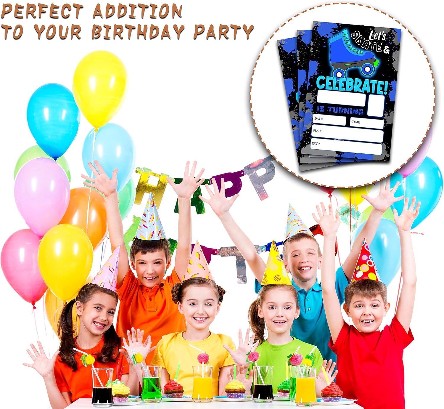 ONDTOM Blue Roller Skating Birthday Party Invitations With Envelopes(4" x 6")- 20 Pack - Neon Glow Skating Party Invites-c15