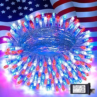 JMEXSUSS 4th of July Decorations Red White and Blue Lights, 33ft 100 LED String Light Indoor/Outdoor, 8 Modes Patriotic Lights