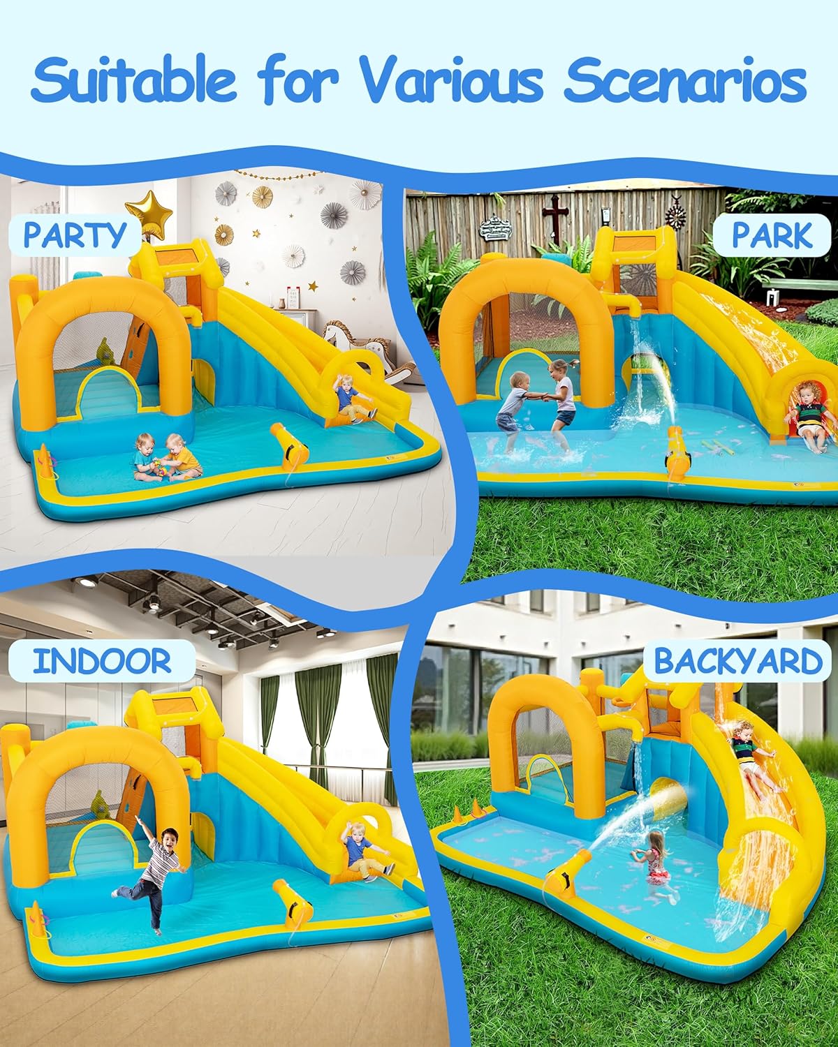 Anbuy Inflatable Water Slide for Kids, Water Park Backyard Summer with Large Pool &Long Slides, Inflatable Bounce House with Climbing Wall, A Water Cannon,2 Water Spraying,2 Water Guns,450W Air Blower