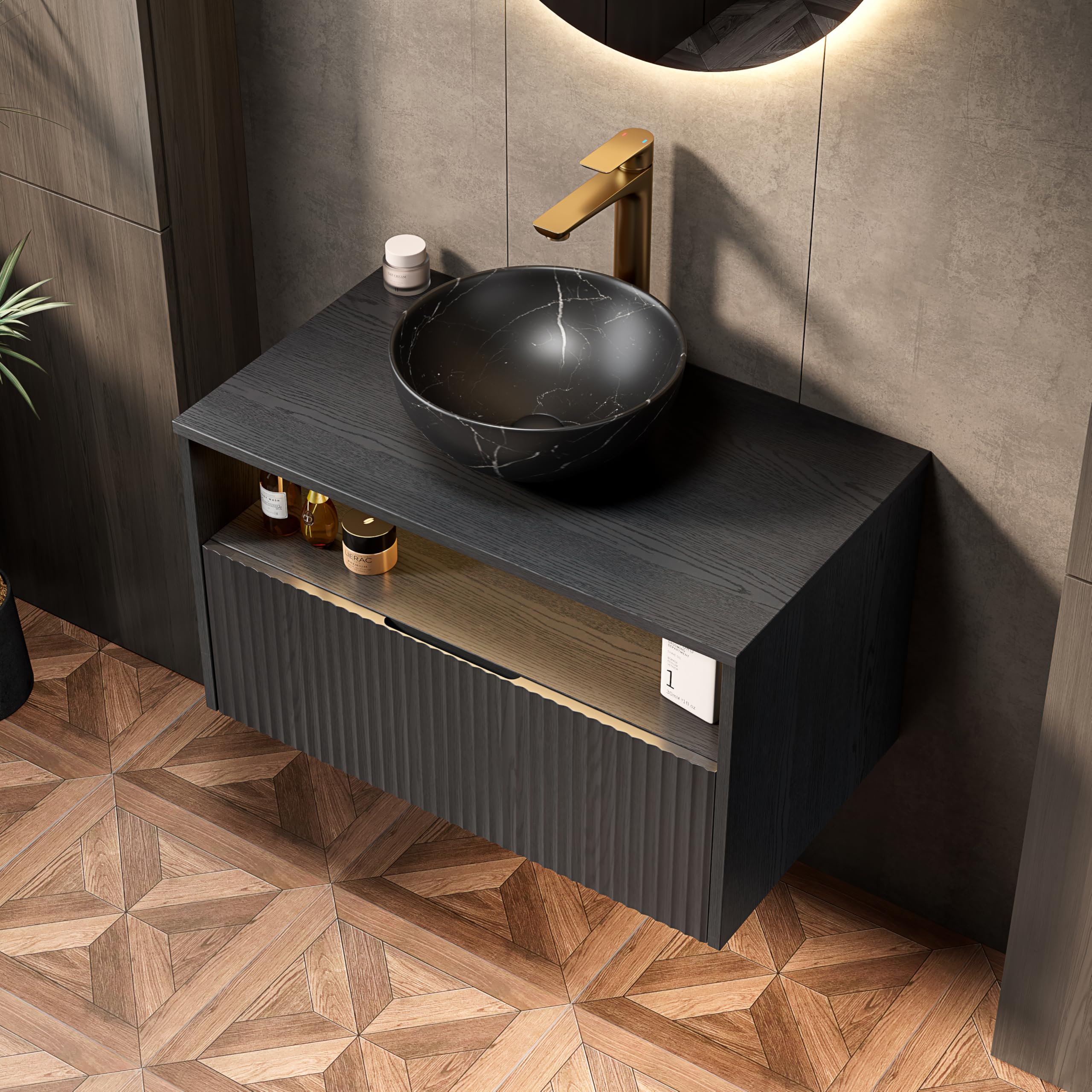 Mobile Bagno Sospeso con Lavabo in Ceramica, Nero, 80x46x60.8 cm