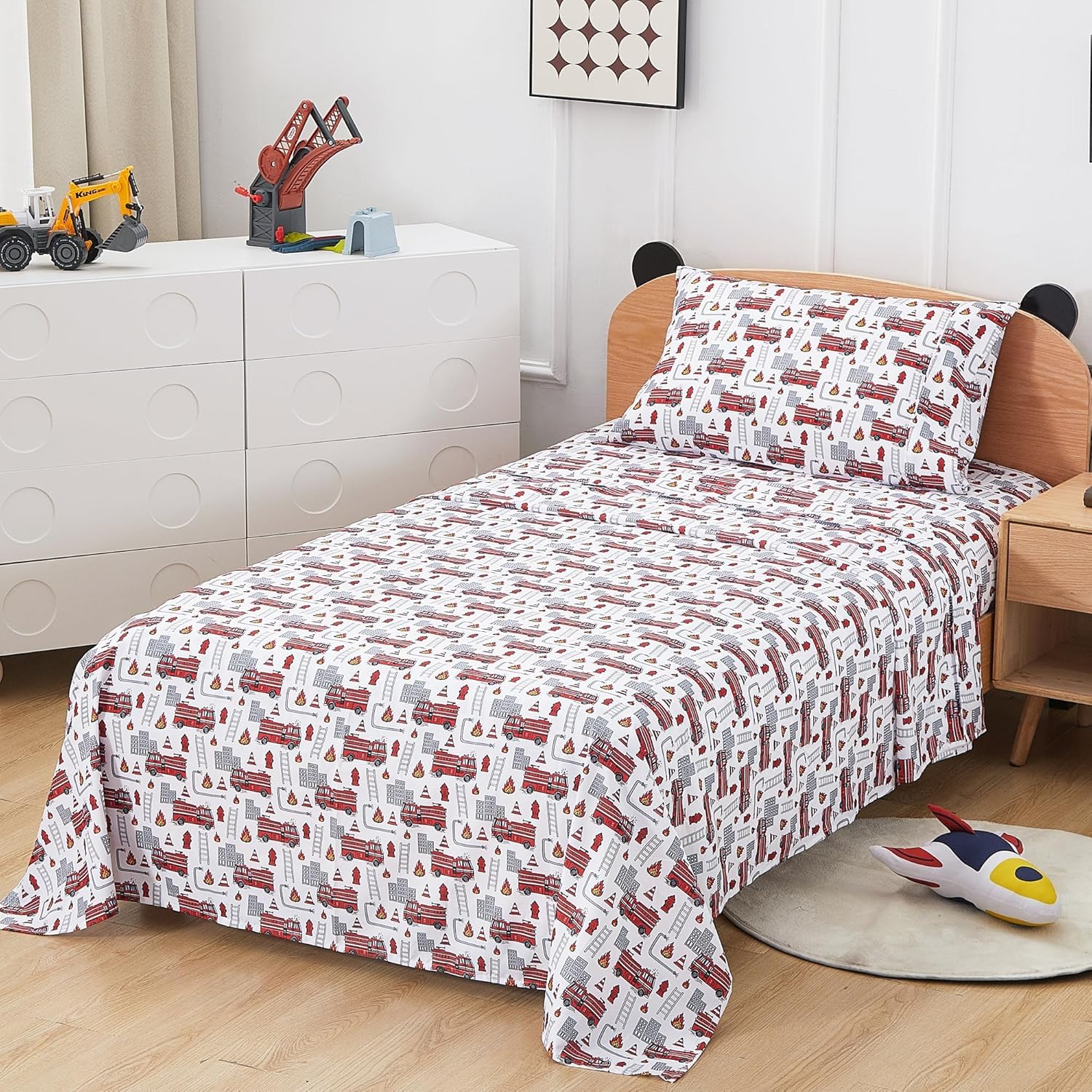 Softan Kids Bed Sheet Set, Boys Twin Size Sheets, Microfiber Kids Fitted Sheet and Pillowcase, Breathable and Silky Soft, 3 Piece Fire Engines Printed Twin Bed Sheet - Image 3