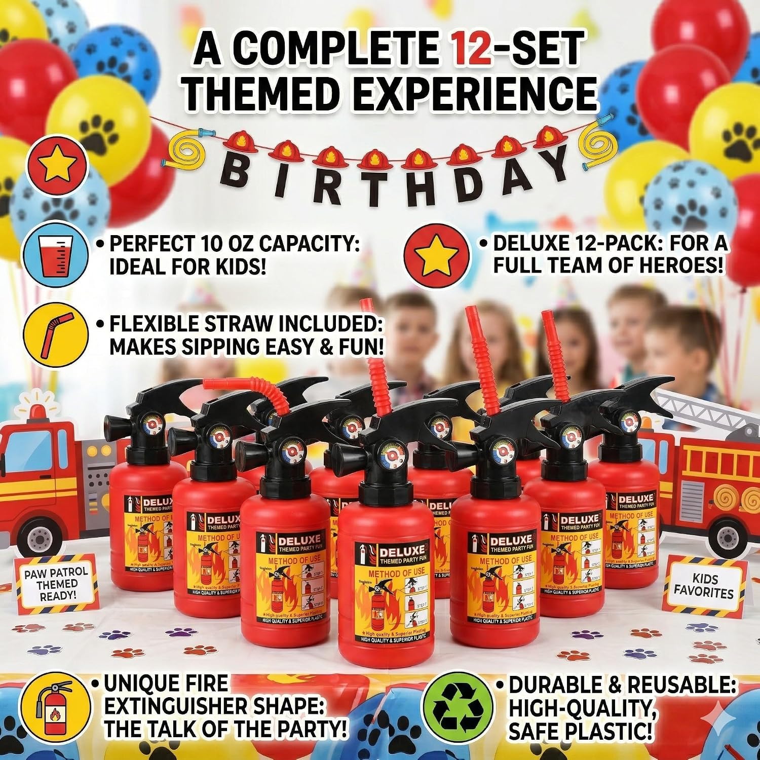 NINU 12 Sets Fire Extinguisher Cups for Paw Patrol Party Decorations, 10 oz Plastic Fire Truck Party Favors with DIY Interactive Stickers, Fireman Birthday Supplies for Kids image 3