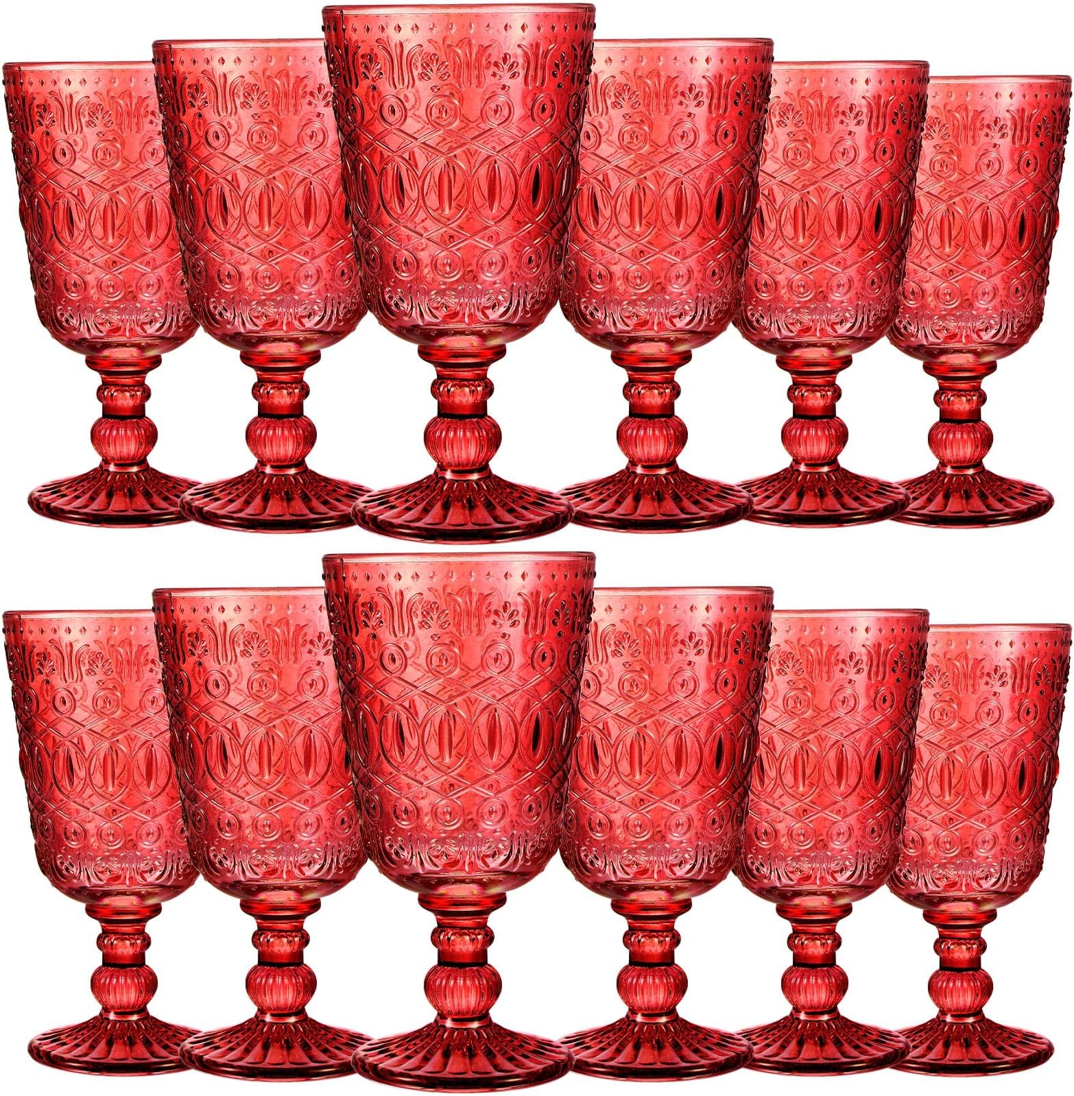 Eaasty Wine Glasses Set of 12 Vintage Goblet 9 oz Vintage Colored Glass Goblet Beverage Stemmed Glass Cups Romantic Embossed Glassware for Wedding Party Holidays Anniversary (Red)