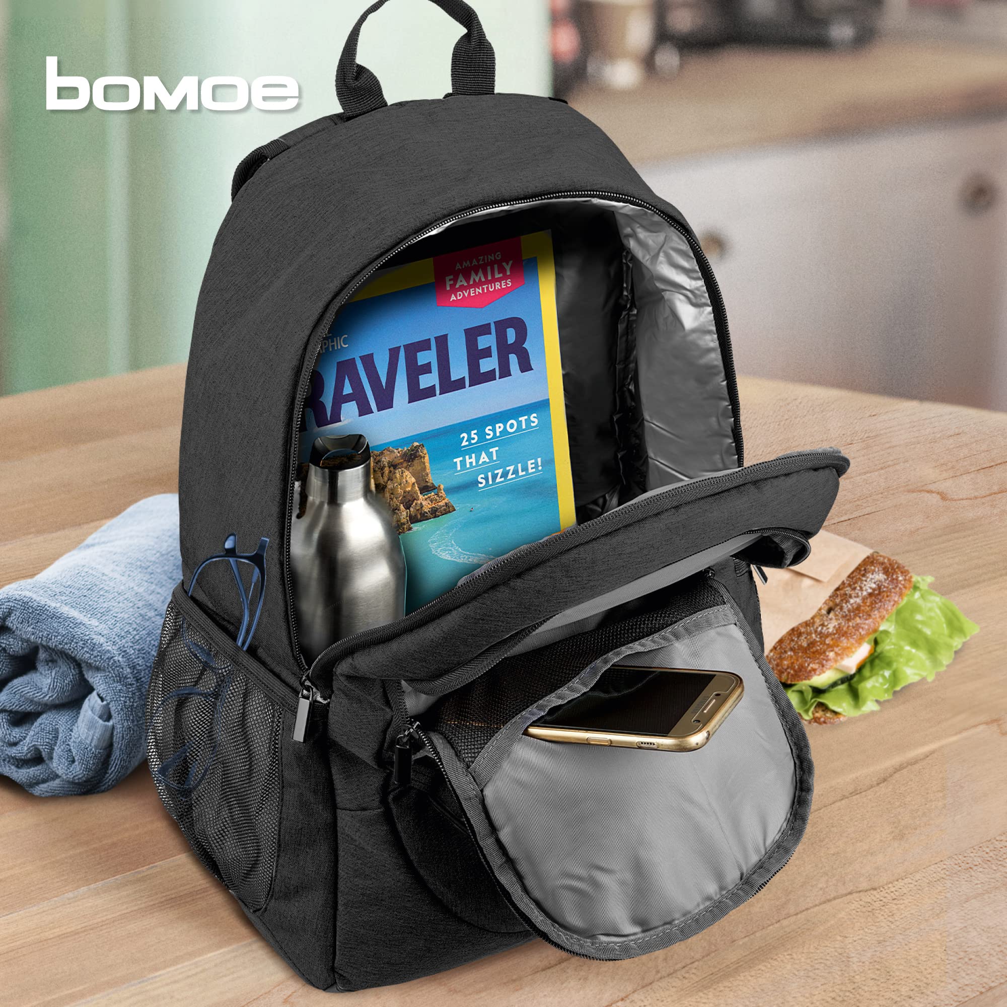 bomoe Zaino Termico 35 Litri - Borsa Termica per Aalimenti 45x19x33 cm - 16h Funzione di raffreddamento - Borsa Frigo Grande Antracite da Campeggio Pieghevole - Mantiene Caldo e Freddo - KR50