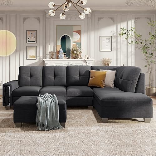 Verfur Reversible Sectional Sofa with Chaise Lounge and Storage, L Shaped Convertible Corner Couch with Detachable Backrest and Cupholders,108.1" Oversized Tufted Sofa&Couch for Living Room Apartment