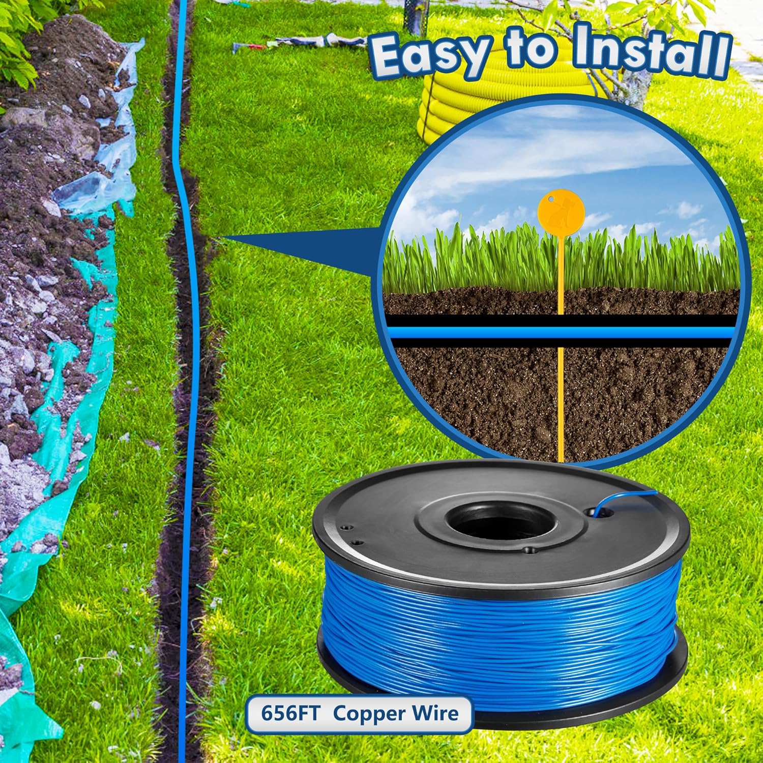 Electric Dog Fence System, In-Ground Pet Containment with 656ft Boundary Wire, 2 Rechargeable Waterproof Collars, Tone & Shock Correction for Small Medium Large Dogs