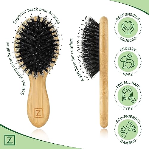 Miniatura 4 de Cepillo de pelo de cerdas de jabalí natural, tamaño mini, portátil, fácil de transportar para mujeres, hombres y niños cepillo para desenredar seco