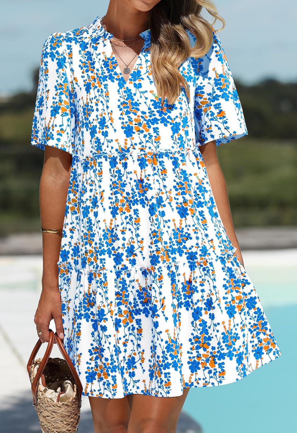 KIRUNDO Womens Summer Dresses Casual Boho Floral Mini Babydoll Short Sleeve A Line Dress V Neck Sundress Beach Vacation - Image 3