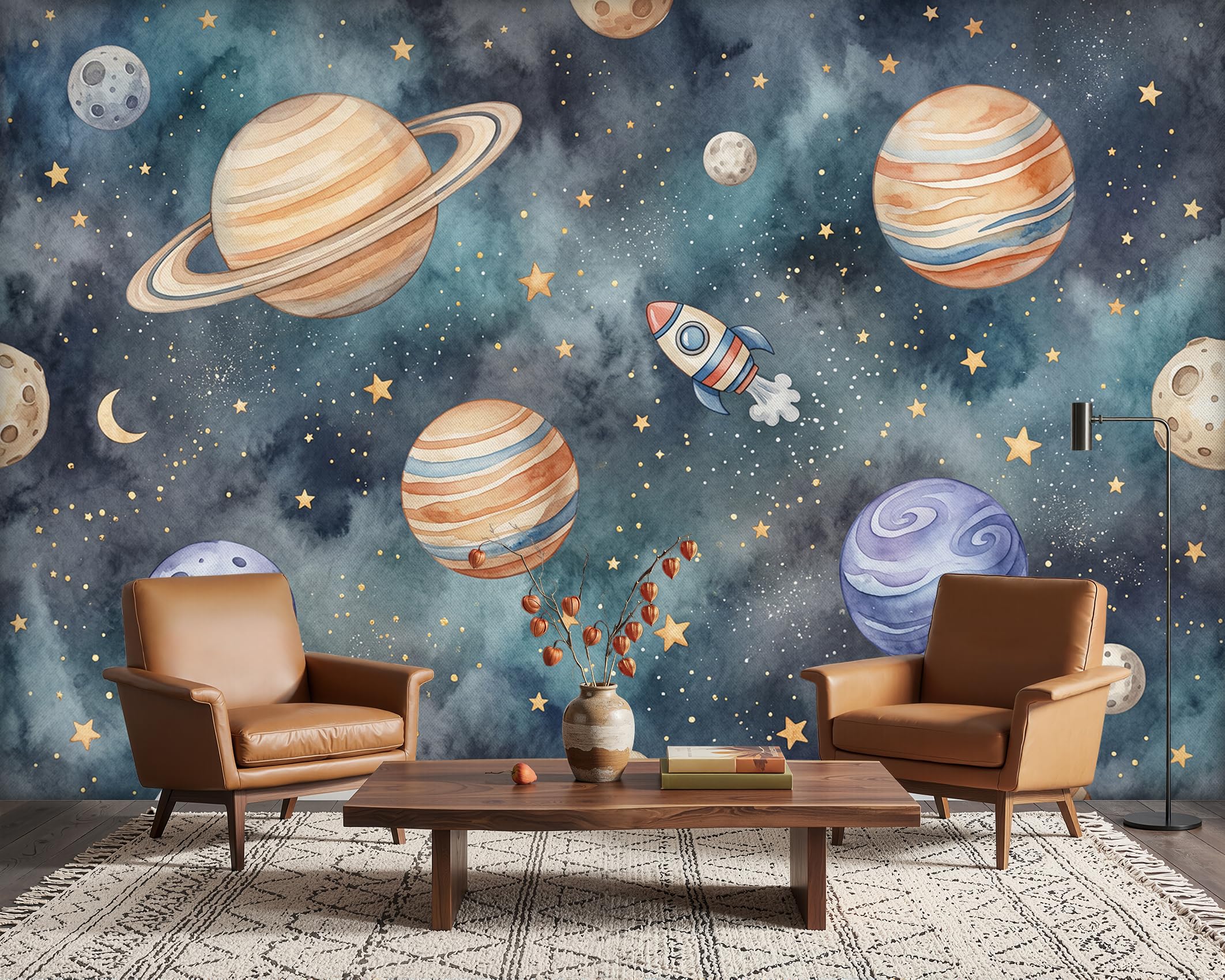 PaxGloz Blue Space Wall Mural, Solar System Planets Wallpaper for Living Room & Bedroom Kids Playroom Nursery, Non-Woven Decorative Wall Art 416x254 cm