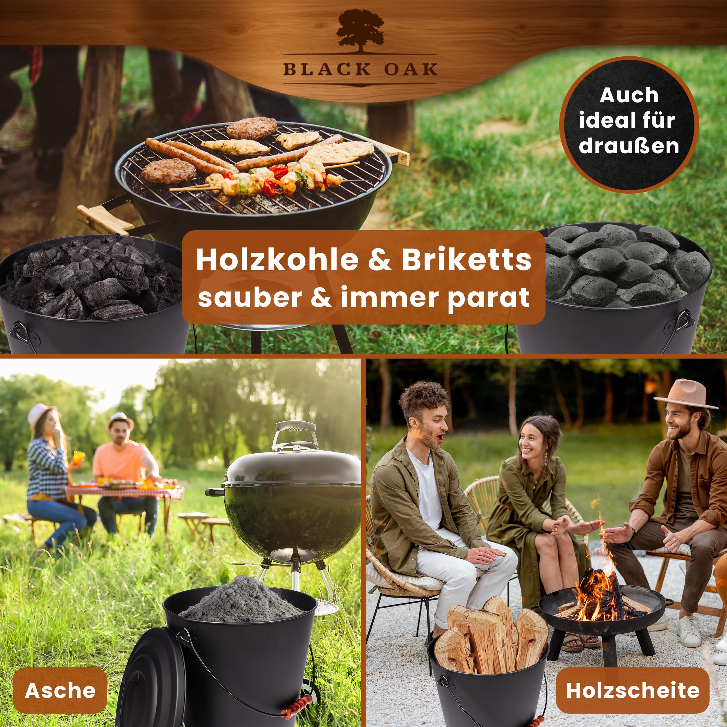 BLACK OAK Santorini Asemmer, 25 liter, zwart met deksel, XXL extra groot, 25 liter, vuurvast staal en gepoedercoat, as en kolen, accessoires, ideaal voor open haard, tegelkachel, houtkachel