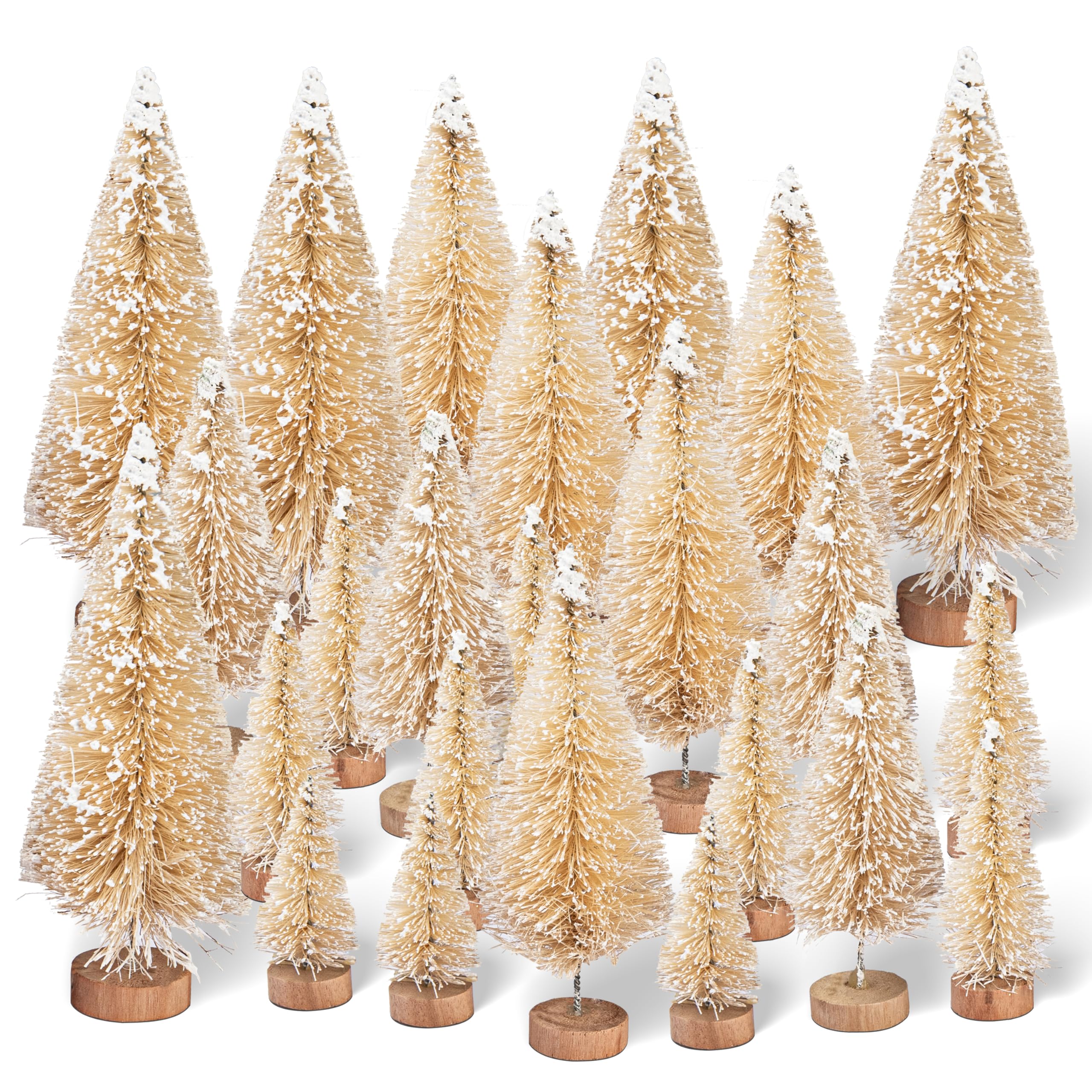 Btowin VCF 20 Pcs Mini Christmas Trees, Artificial Snow Frost Trees Beige Sisal Tree Bottle Brush Tree with Wood Base Mini Pine Tree DIY Craft Ornaments for Christmas Party Home Tabletop Decor