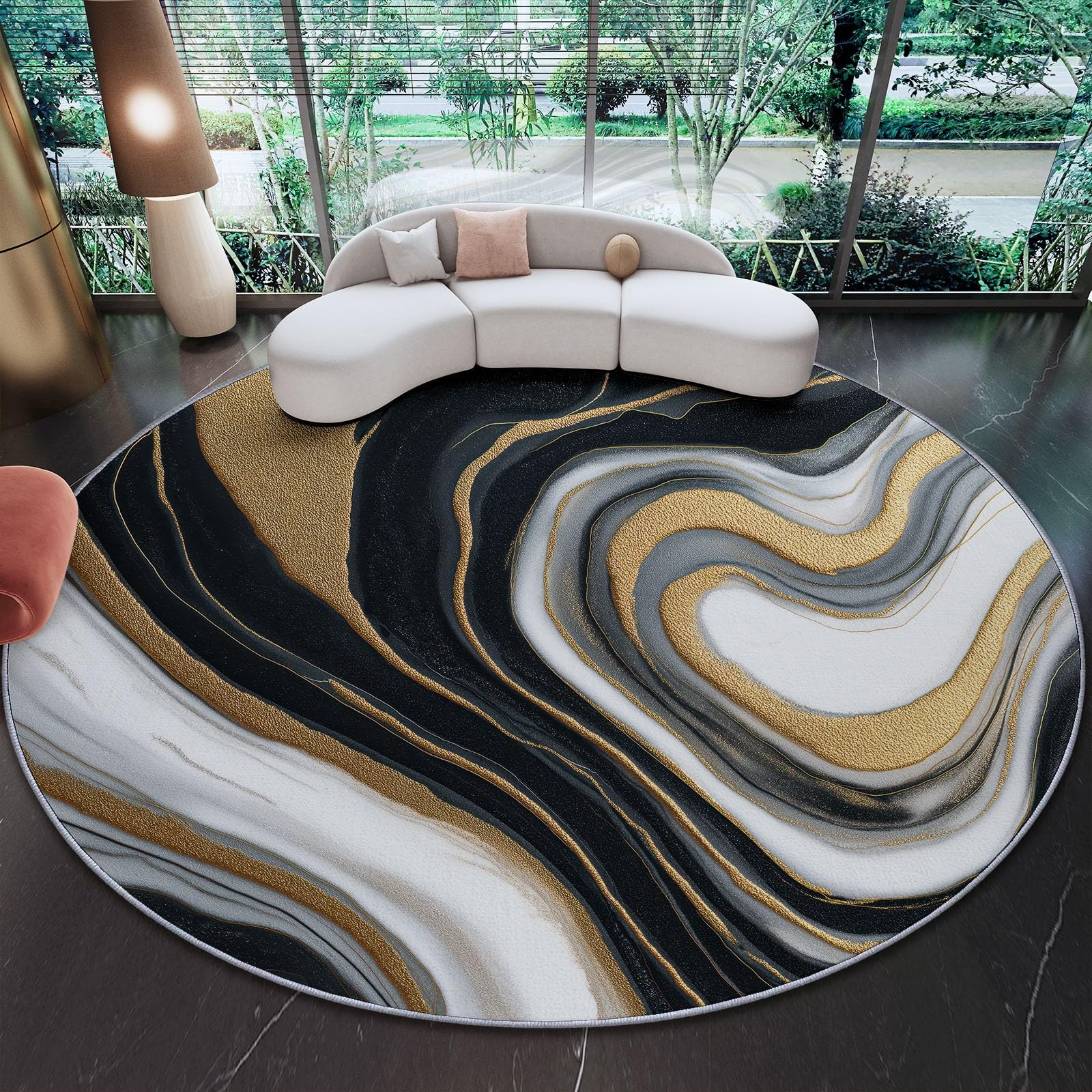 Tapis rond enfant 80 cm en marbre noir blanc or lavable