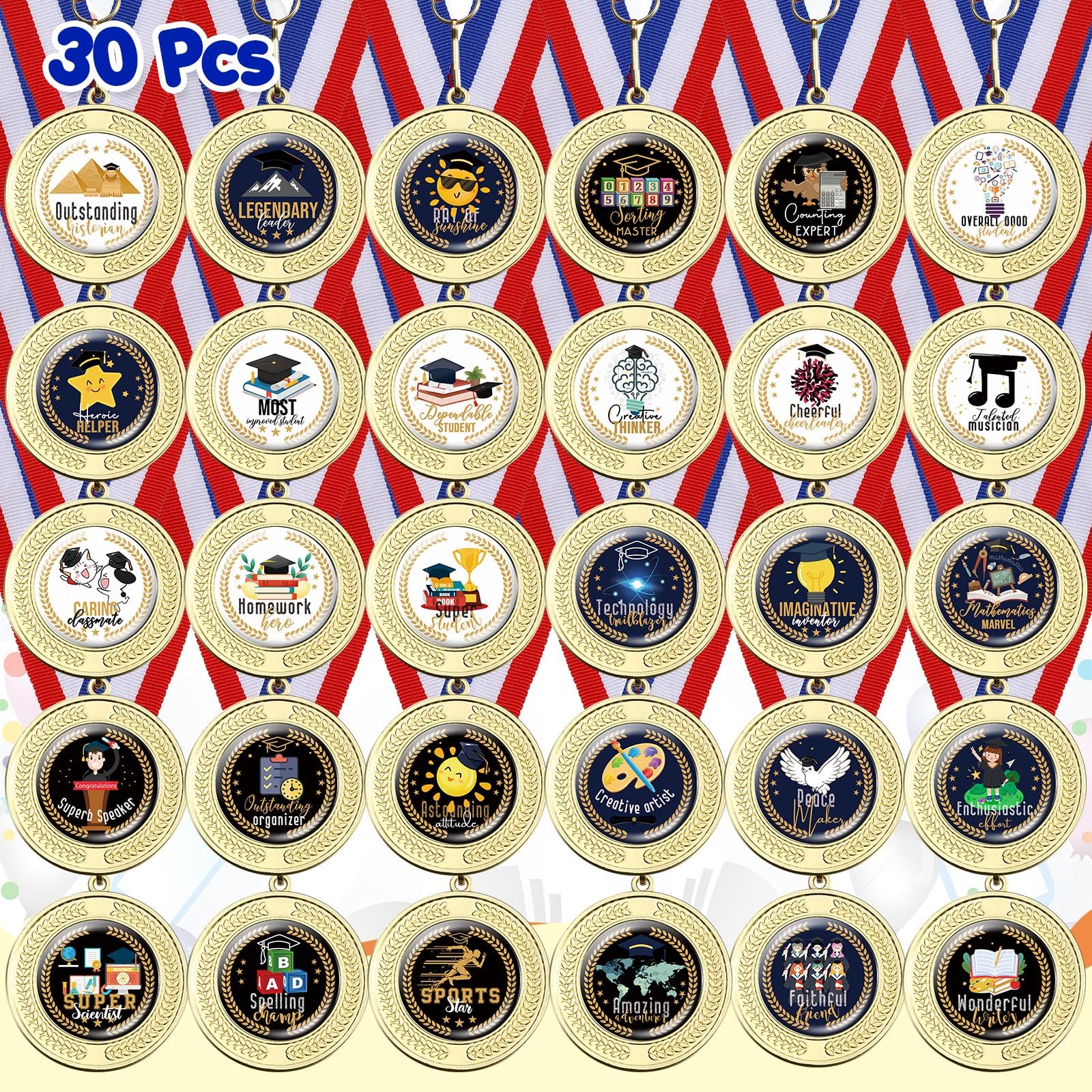 HyDren 30 Set Metal Kindergarten Graduation Medals for Kids Preschool Graduation Medal Bulk Preschool 2025 Kindergarten Awards Sets for Kids Students Sports with Neck Ribbon