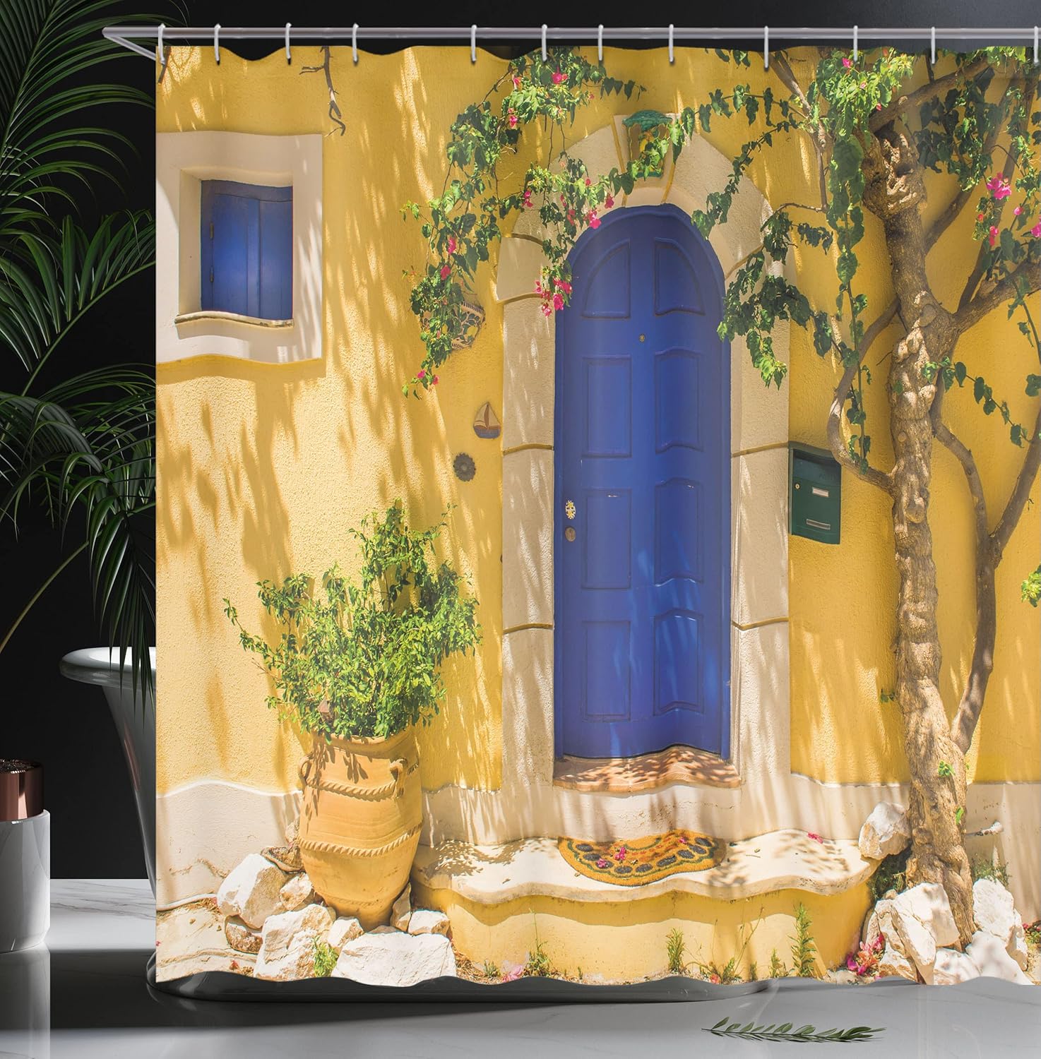 Ambesonne Yellow and Blue Shower Curtain, Traditional Greek House Door with Flowers and Tree Mediterranean Scenery, Cloth Fabric Bathroom Decor Set with Hooks, 69" W x 70" L, Yellow Navy