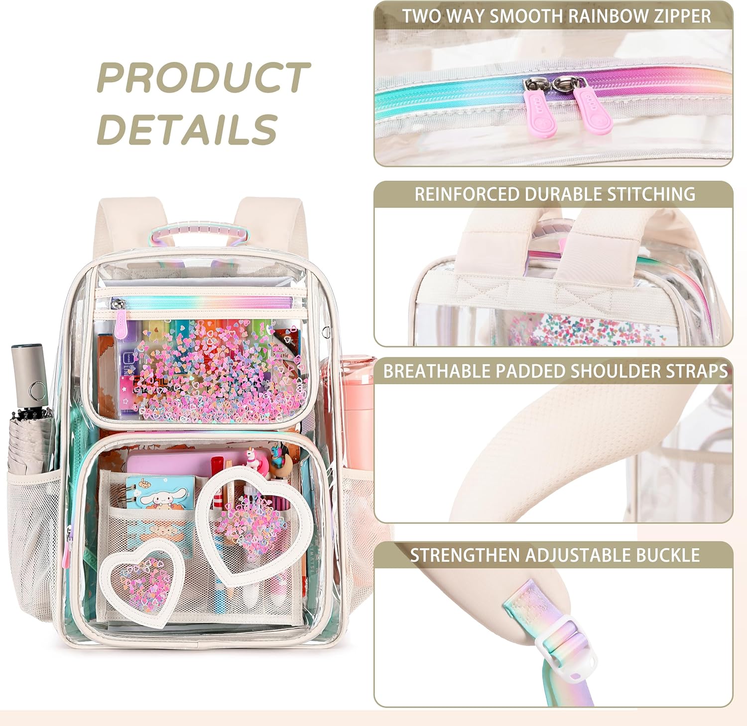 Clear Backpack for Girls,Clear Bookbag Heavy Duty Transparent Backpacks for Stadium Events, See Through Back Pack for Kindergarten Elementary Middle High School (Off-white) - Image 3