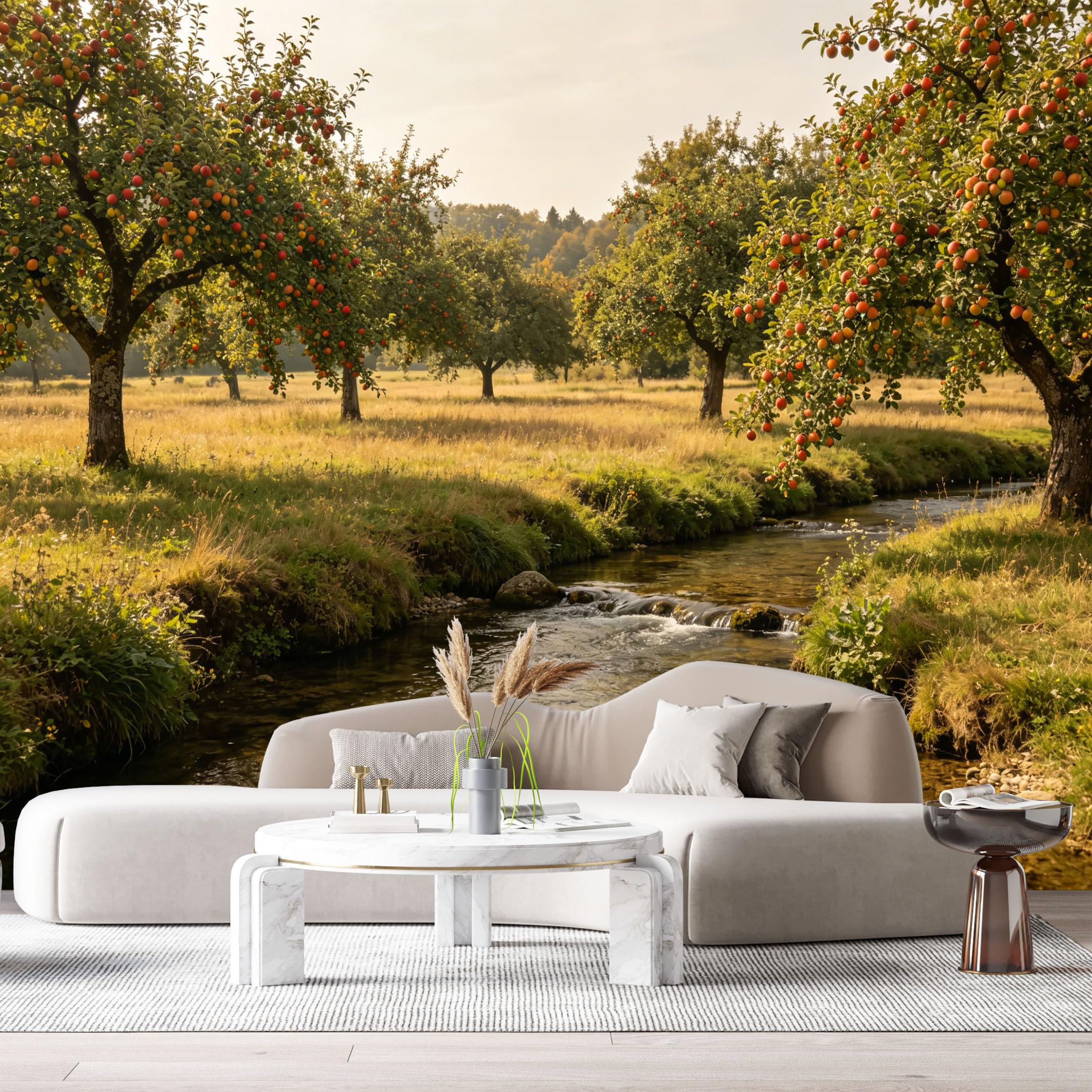Custom Size Wall Murals Apple Orchard Stream Landscape Botanical Farmhouse Style SelfAdhesive Wall Fabric Removable Large Wallpaper for Photo Living Room