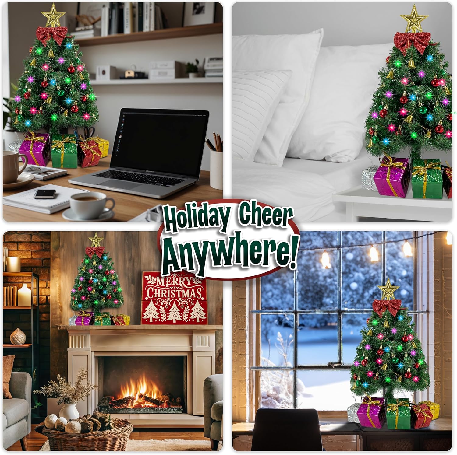 Small Christmas Tree with Lights - 23 Inch Mini Tabletop Christmas Tree with Multi-Color LED Lights, Hanging Ornaments, Decorative Bow and Gift Boxes - Prelit Table Tree for DIY Christmas Decoration
