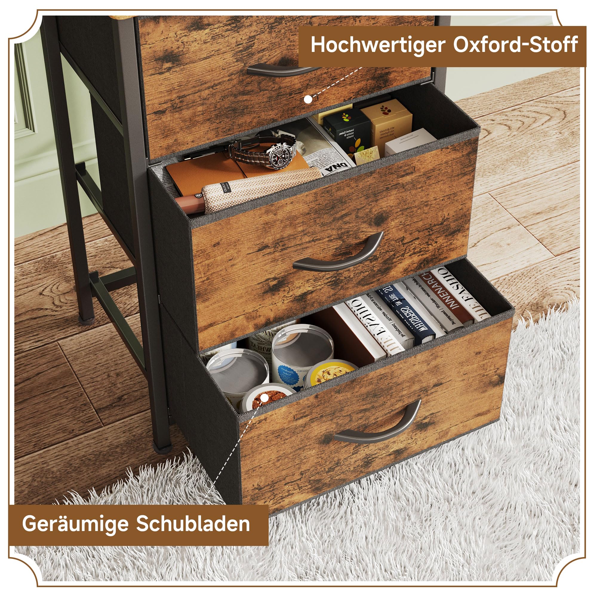 CAIYUN Nachttisch mit 3 Stoffschubladen, Schmaler Kommodenschrank für Schlafzimmer, Wohnzimmer und Flur, Holzplatte, Platzsparend, Schwarz, Modernes Design