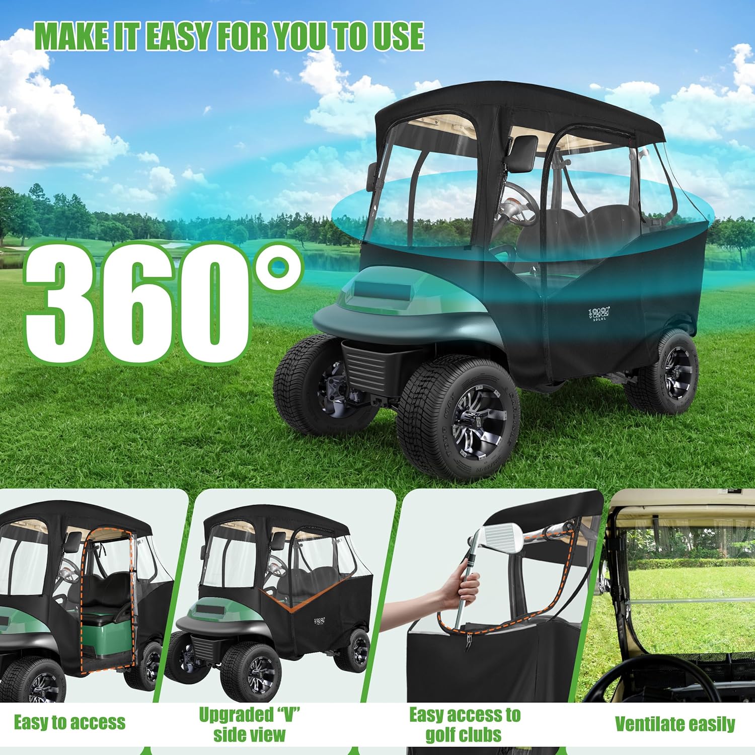 10L0L Golf Cart Driving Enclosures 2 Passenger for Club Car DS & Precedent, 4-Sided Clear Window and Oxford Cloth, Snow Golf Cart Rain Covers All Weather Waterproof Windproof
