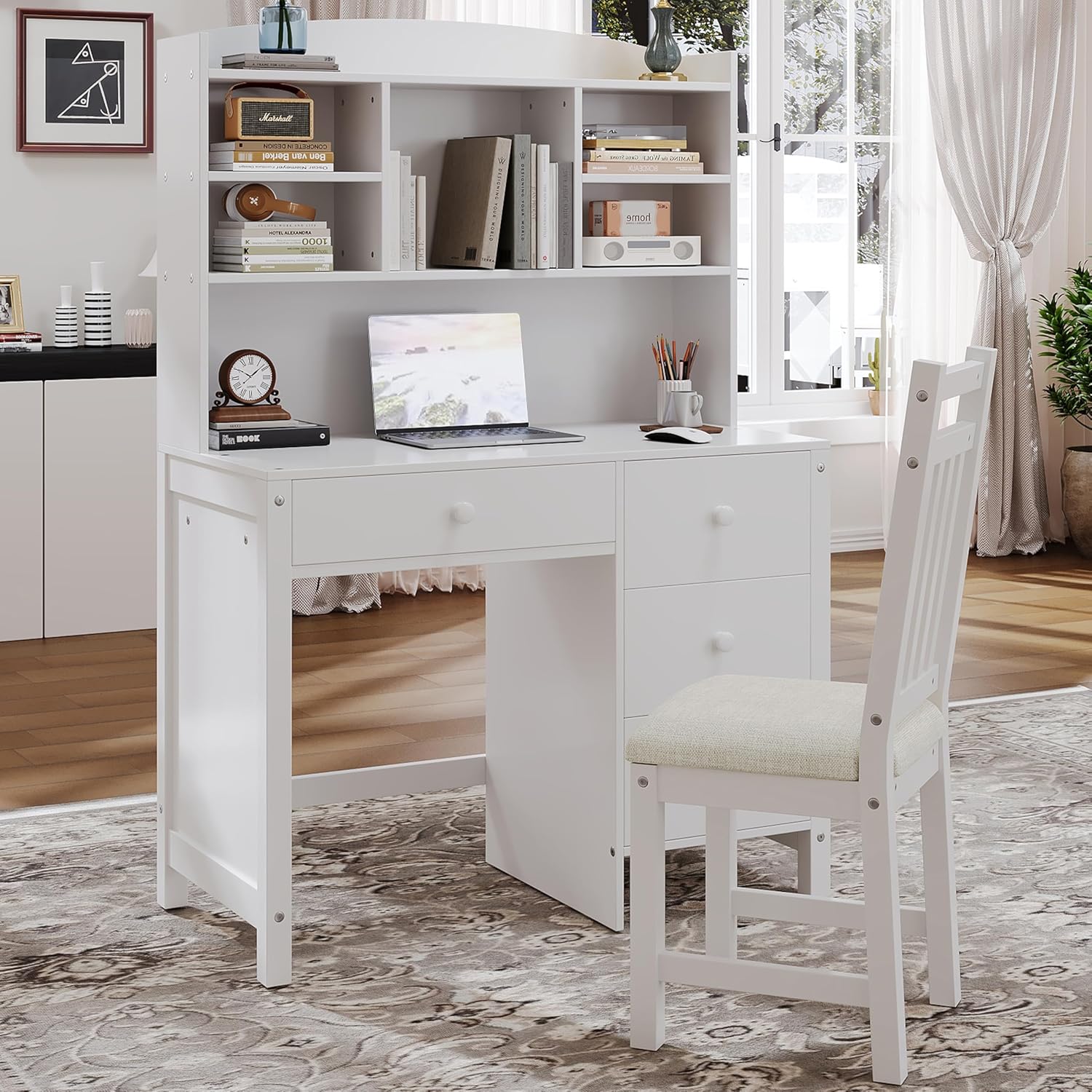 40'' Home Computer Desk and Upholstered Chair Set with Bookshelf, Wood Executive Office Desk with 4 Drawer and Storage Shelf for Study Office Bedroom Living Room (White-8.7)