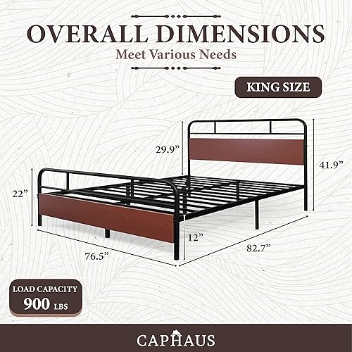 Miniatura 28 de CAPHAUS Base de cama de metal de esquina redonda con cabecera y estribo de madera modernos, base de colchón, plataforma de metal con marco de acero