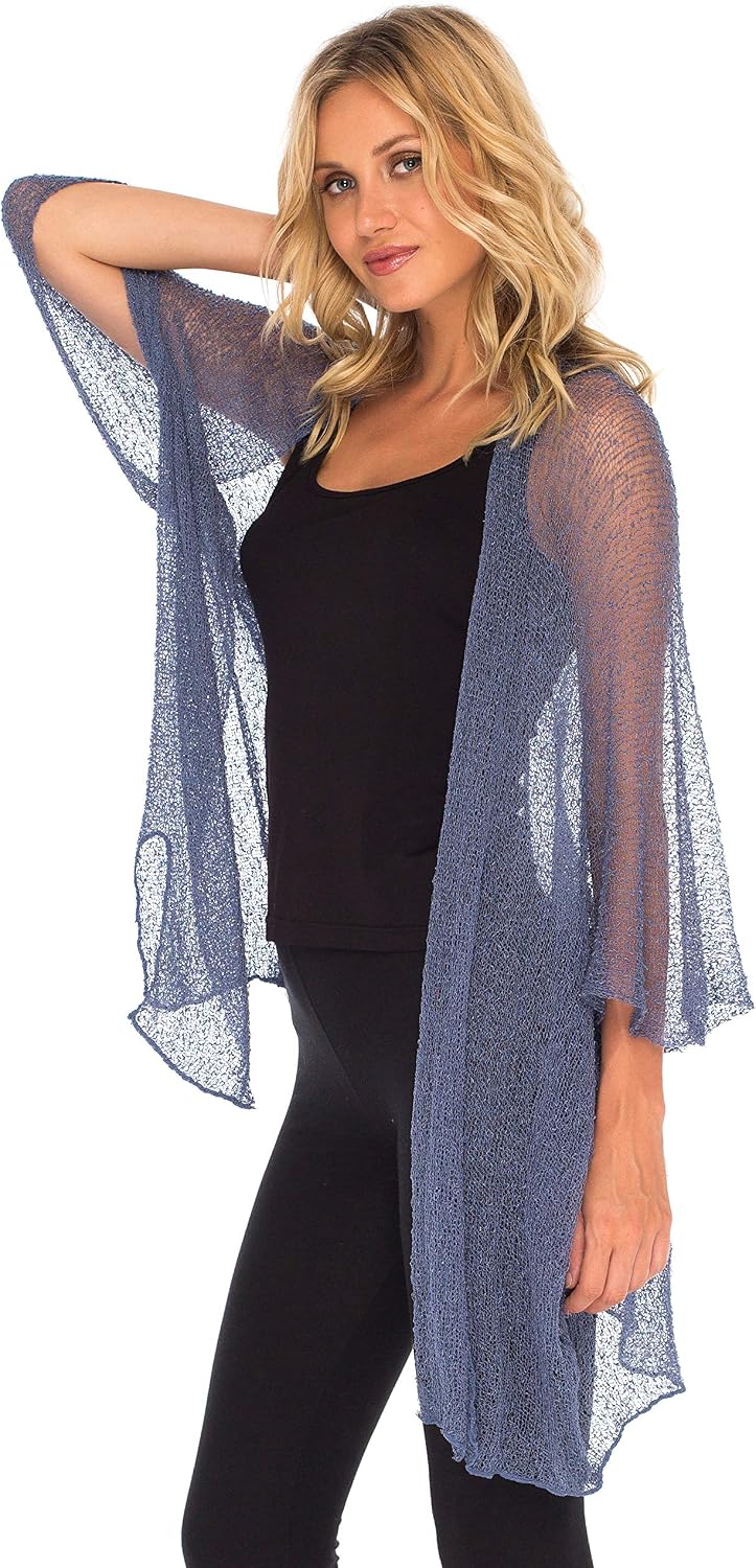SHUSHI Womens Long Sheer Kimono Cardigan Open Front Knit Beach Cover Up White