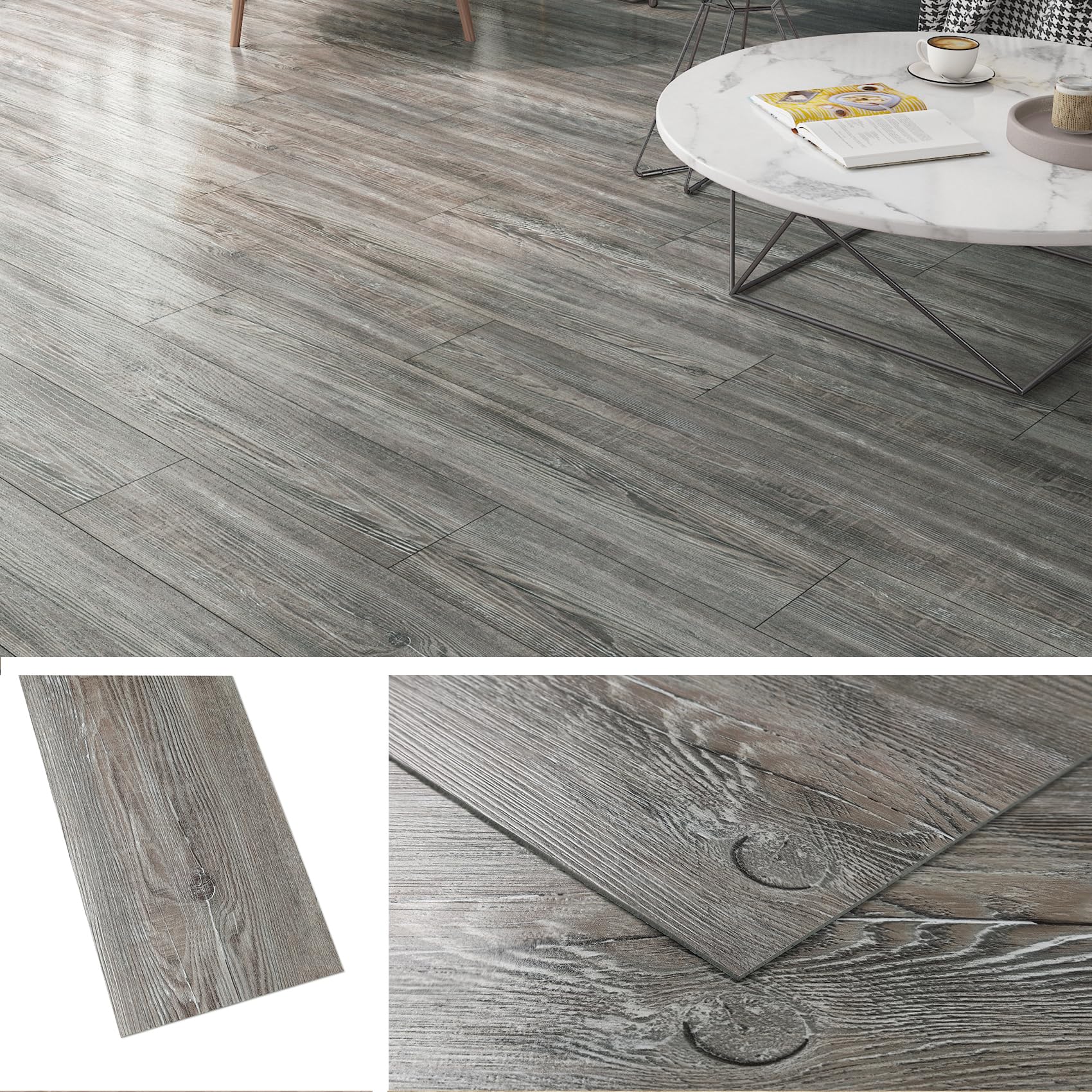 Livelynine Suelo Vinilico Autoadhesivo Gris Efecto Madera Baldosas Adhesivas Suelo Gris 90x15 36-Piezas Vinilo Suelos Cocina Autoadhesivo Suelos Laminado Madera Laminas Parquet Adhesivo Piso Baño