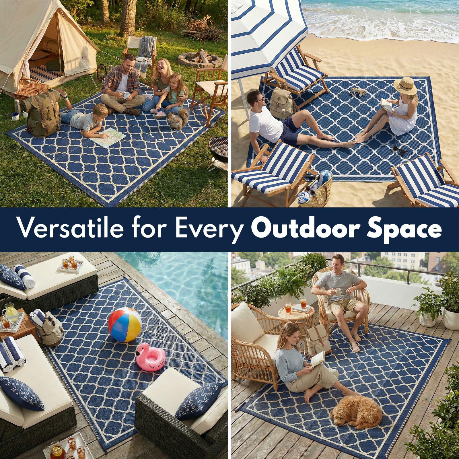 Tapis d'extérieur imperméable de 2,7 x 5,5 m – Tapis réversible en paille de plastique, facile à nettoyer, tapis portable pour patio, camping-car, terrasse, balcon, jardin, pique-nique, plage, trèfle