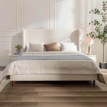 King Size Upholstered Bed Frame, Harper 54" Tall Headboard Platform Beds, Wingback Headboard Bedframes/No Box Spring Needed/Easy Assembly/Elegant Simplicit, Beige Boucle