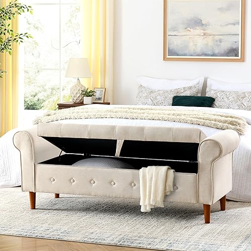Miniatura 33 de Polibi Banco de almacenamiento para dormitorio, otomana tapizada de terciopelo con diseño de botones armados enrollados, banco largo para ventana de
