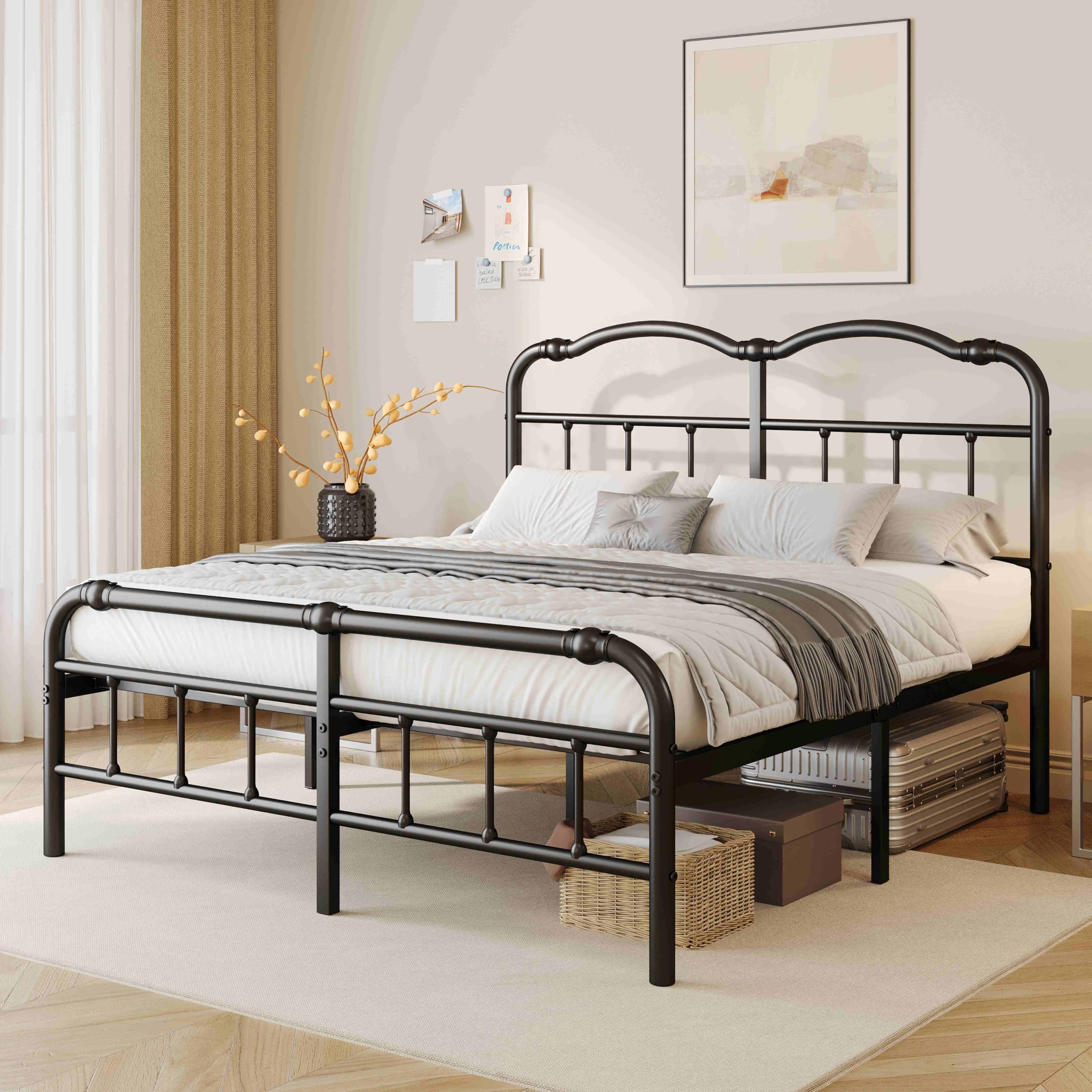 Vintage-Inspired 14 Inch Metal Bed Frame - Victorian Headboard & Footboard, Sturdy Platform Design, Under Bed Storage, No Box Spring Needed, Noise Free, King Size