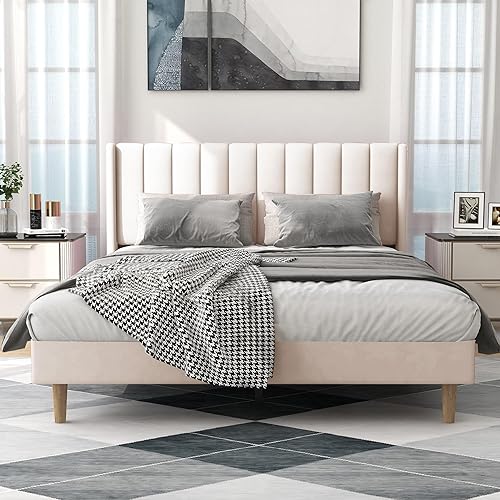 Miniatura 3 de alazyhome - Marco de cama tapizado de plataforma tamaño Queen con cabecera, soporte de listones de madera, sin ruido, fácil montaje, terciopelo