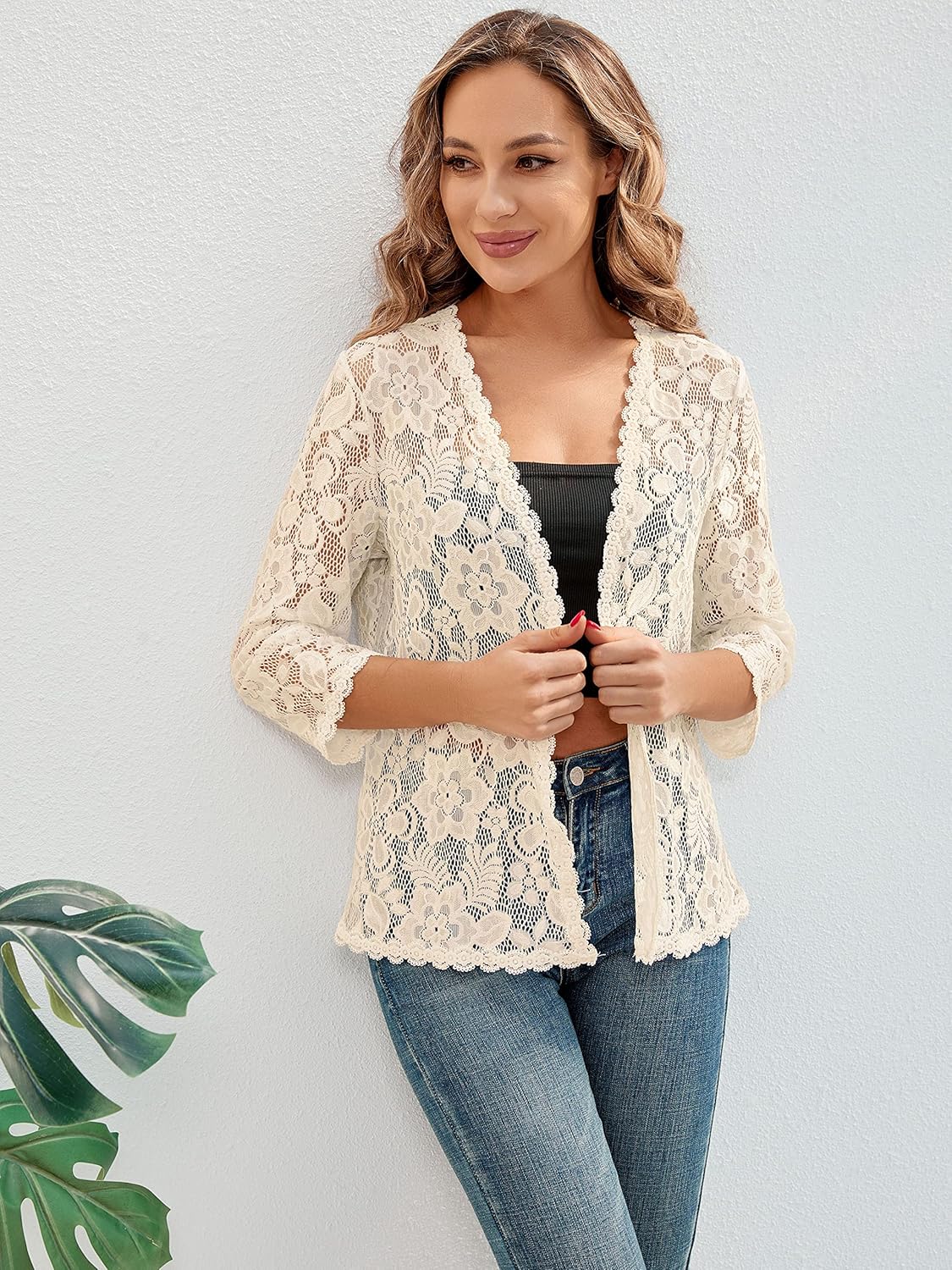 BENANCY Women's 3/4 Sleeve Bolero Shrugs Crochet Lace Open Cardigan - Image 5