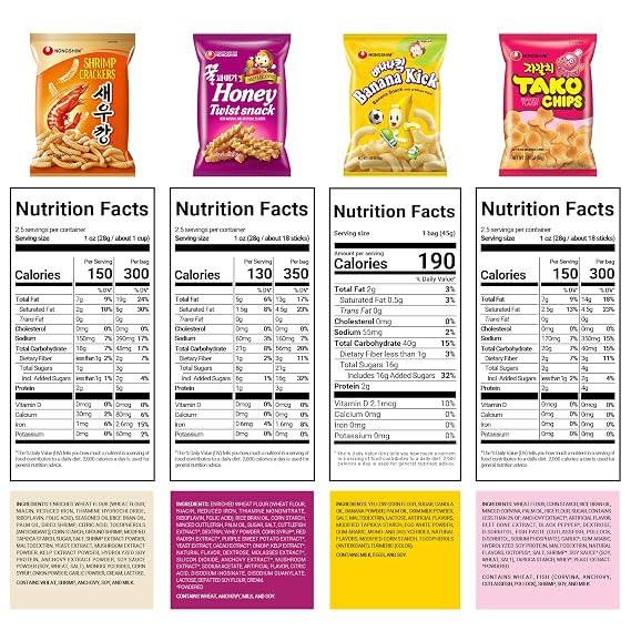 Nongshim Korean Variety Snack Pack, Original Shrimp Crackers, Honey Twist Snack, Banana Kick, Tako Chips, Variety Pack, Snacks for Kids, Sport Event Essential, Korean Snacks (Pack of 4)