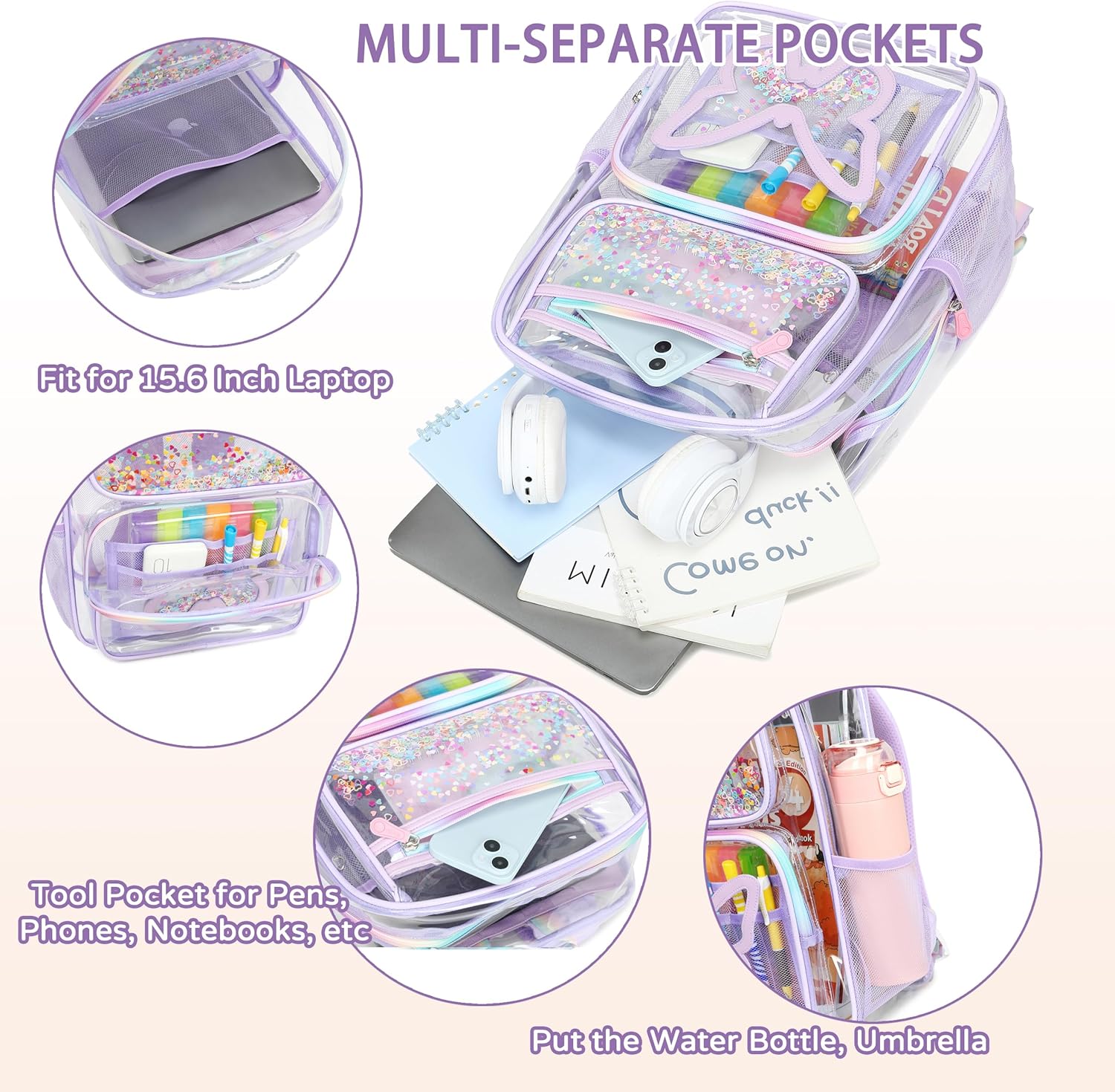 Clear Backpack for School,Large Bookbag Heavy Duty See Through Butterfly Backpacks for Girls Stadium Approved Daypack Transparent Shoulder Bags for Students,Teens,Women,Work,Travel,Concert Purple - Image 5